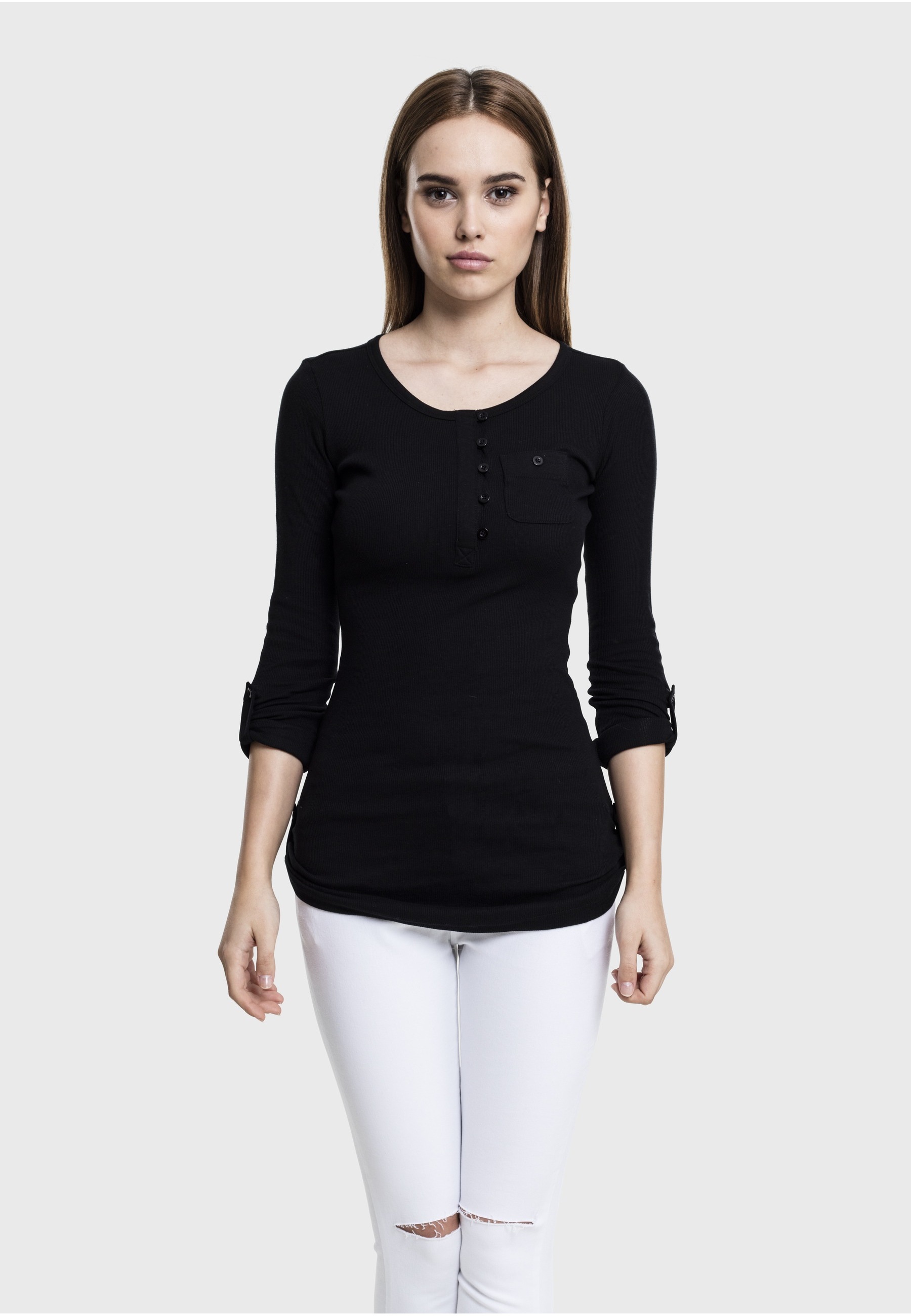 URBAN CLASSICS Longsleeve »Urban Classics Damen Ladies Long Rib Pocket Turnup Tee« 1 Stk.