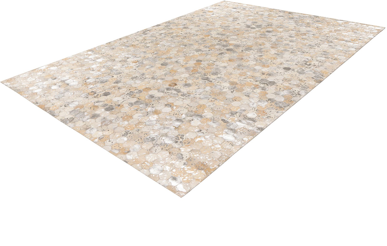 Thumbnail - Kayoom Lederteppich "Ravi 400 - Fellteppich" rechteckig 8 mm Höhe metallische Effekte, Patchwork Dessin, Rindsfell mit W...