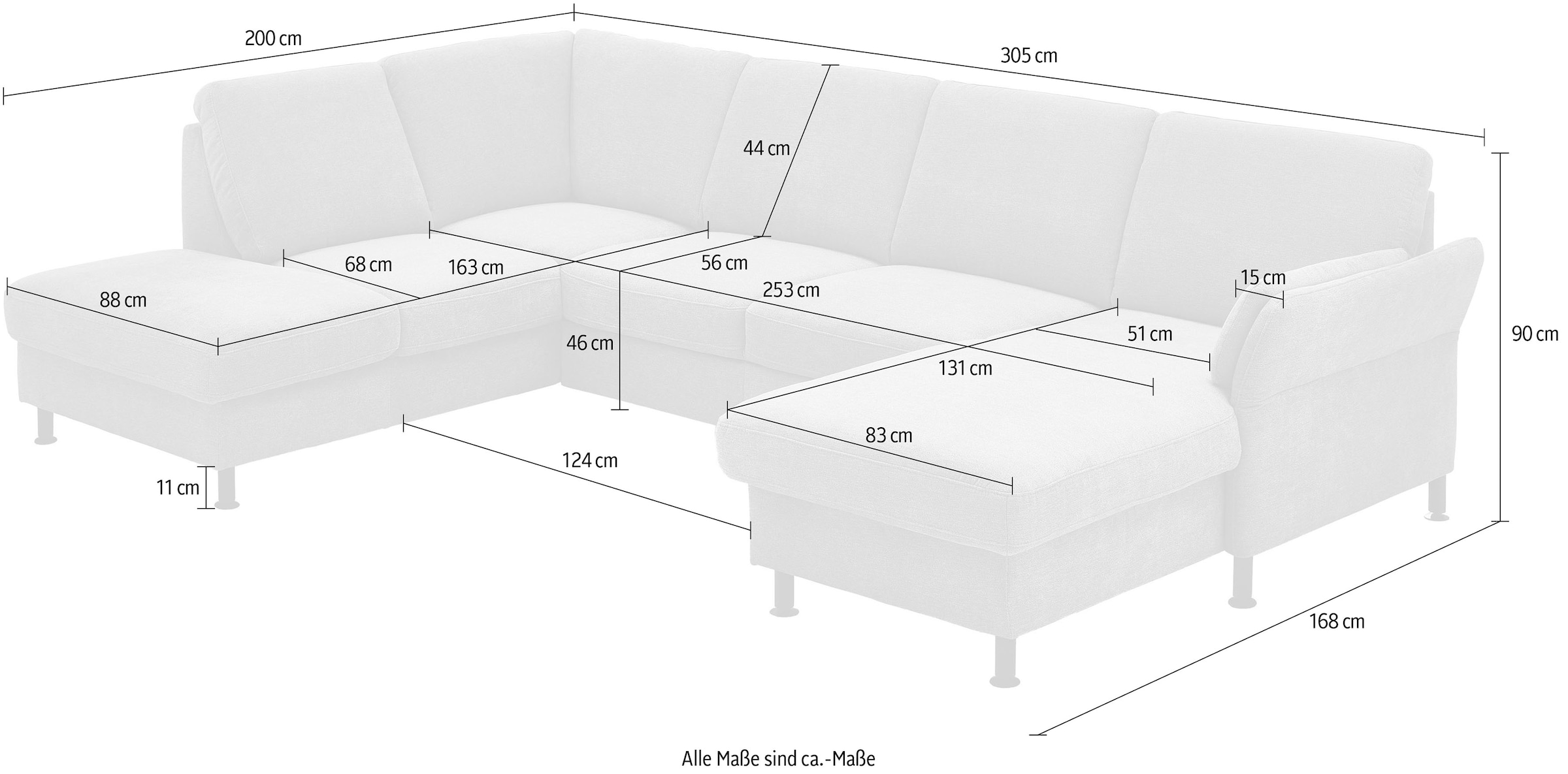 Die PlanBar Wohnlandschaft »ZE-EM18013 U-Form, Breite 305 cm« wahlweise mit Kopfstützen und Liegearmlehne