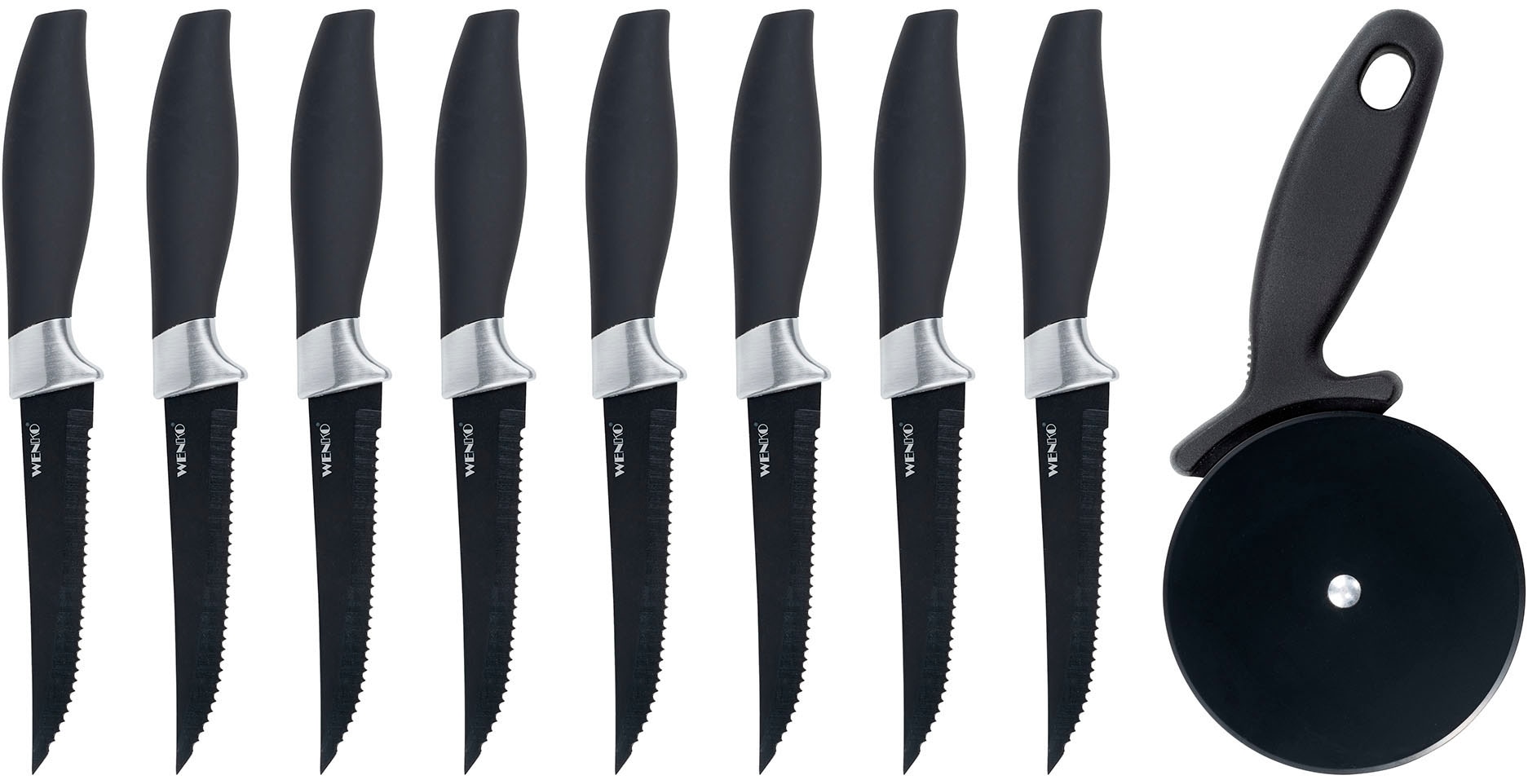 WENKO Messer-Set "BBQ-Messer & Pizzaschneider", schwarz, Kochmesser-Sets, für Steaks, Grillgut, Pizza, rostfreier Edelstahl, ergonomischer Griff
