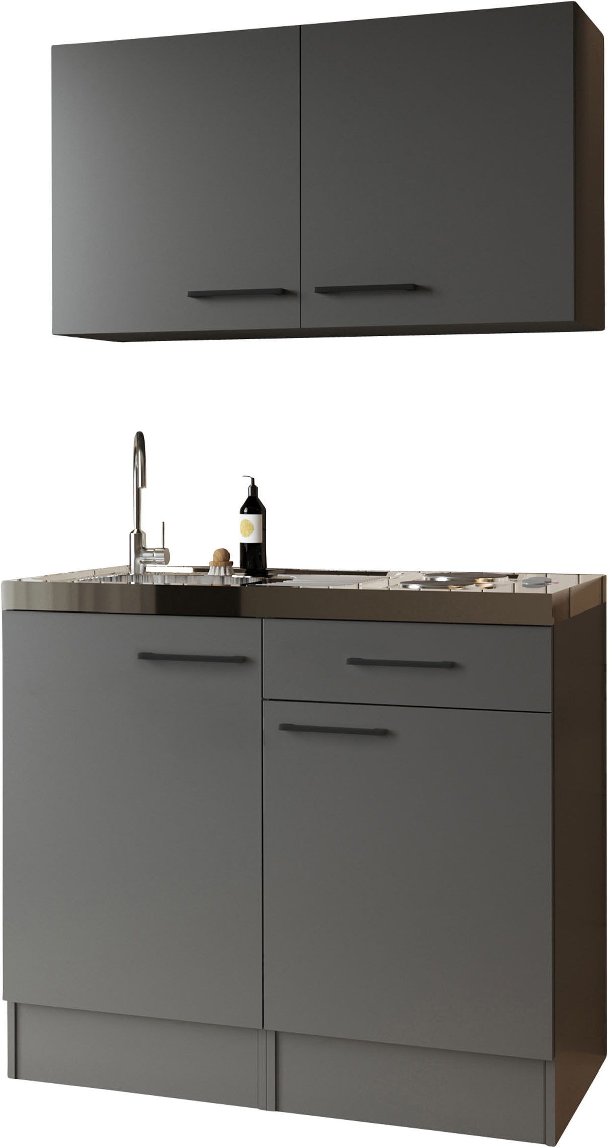 Pantryküche RESPEKTA, B:100cm H:200cm T:60cmküche: grau, front: grau matt, korpus: grau matt, arbeitsplatte: granit optik, Komplettküchen-Sets,