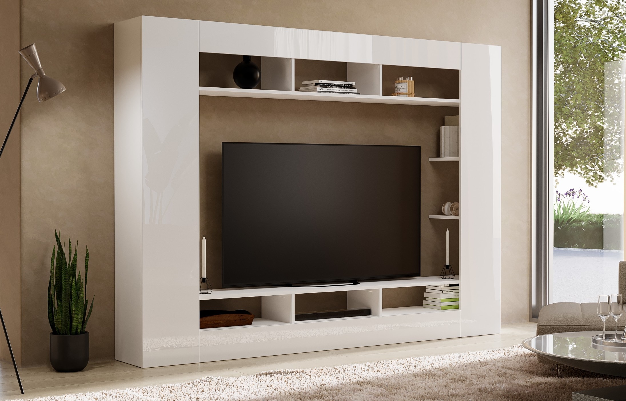 OTTO home Wohnwand »SPEED, TV-Wand, hochglanz lackiert,ideal für TV-Geräte bis zu 65 Zoll«, (1 St.), Made in Italy, B/T/H: 216×30,4×158,6 cm, mit ca. 12 offenen Fächern