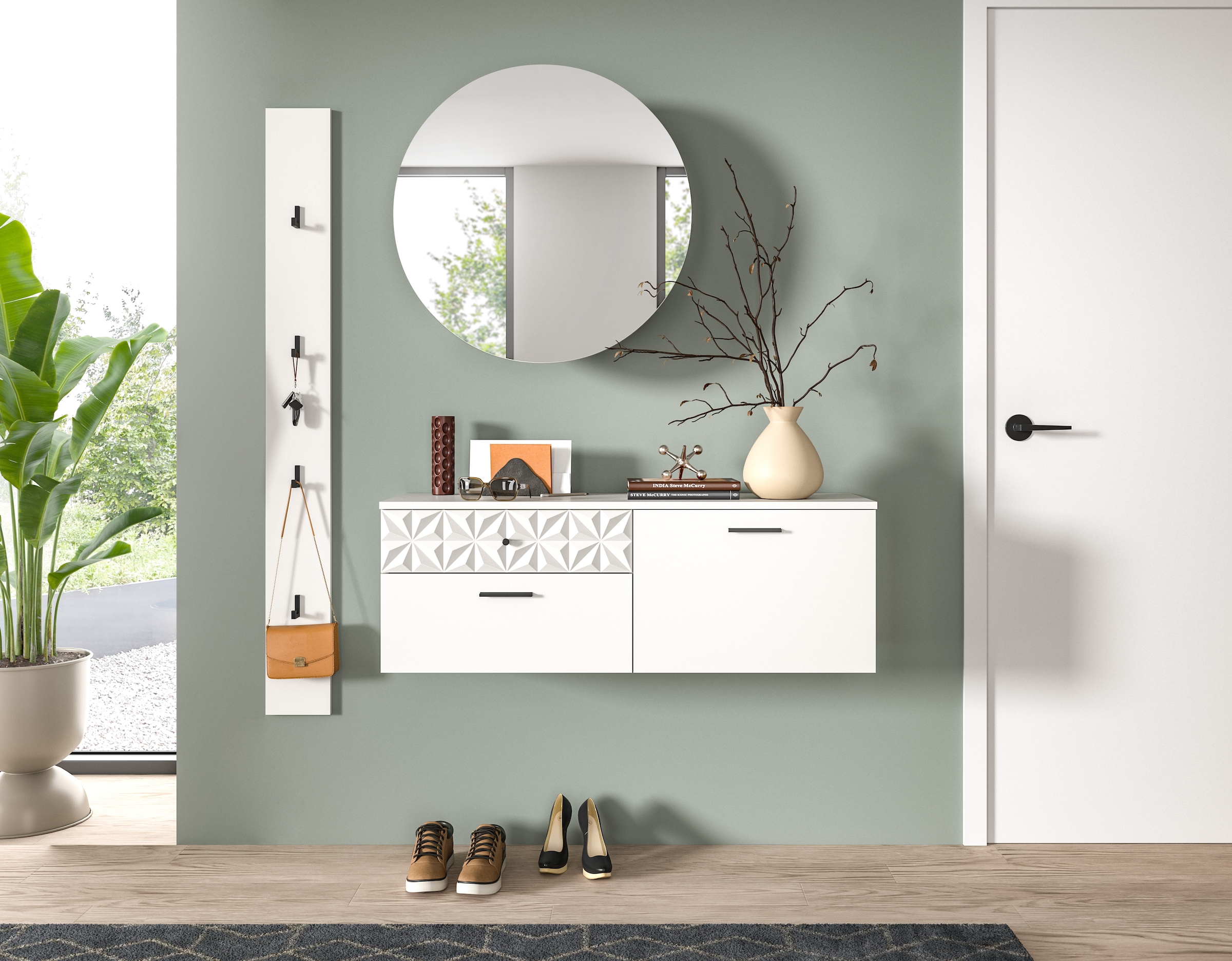 INOSIGN Garderoben-Set »VICENZA, 3-tlg., mit foraler Ornamentabsetzung in der Front«, (3 St.), best. aus.: Schuhschrank, Spiegelschrank und Hakenpaneel
