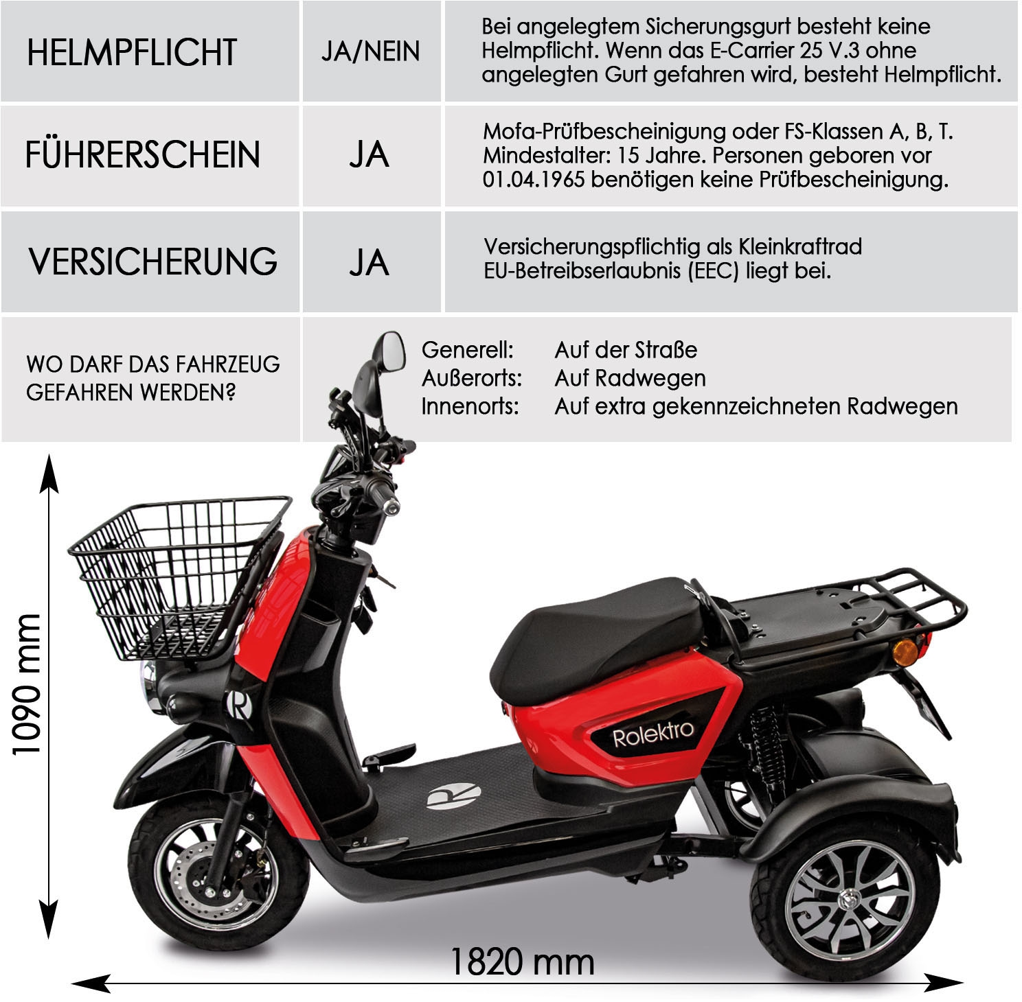 Lithium online km/h, | (Korb) BAUR »Rolektro Rolektro V.3 kaufen E-Carrier Elektromobil 25 ohne 1000 25 Koffer«, W,
