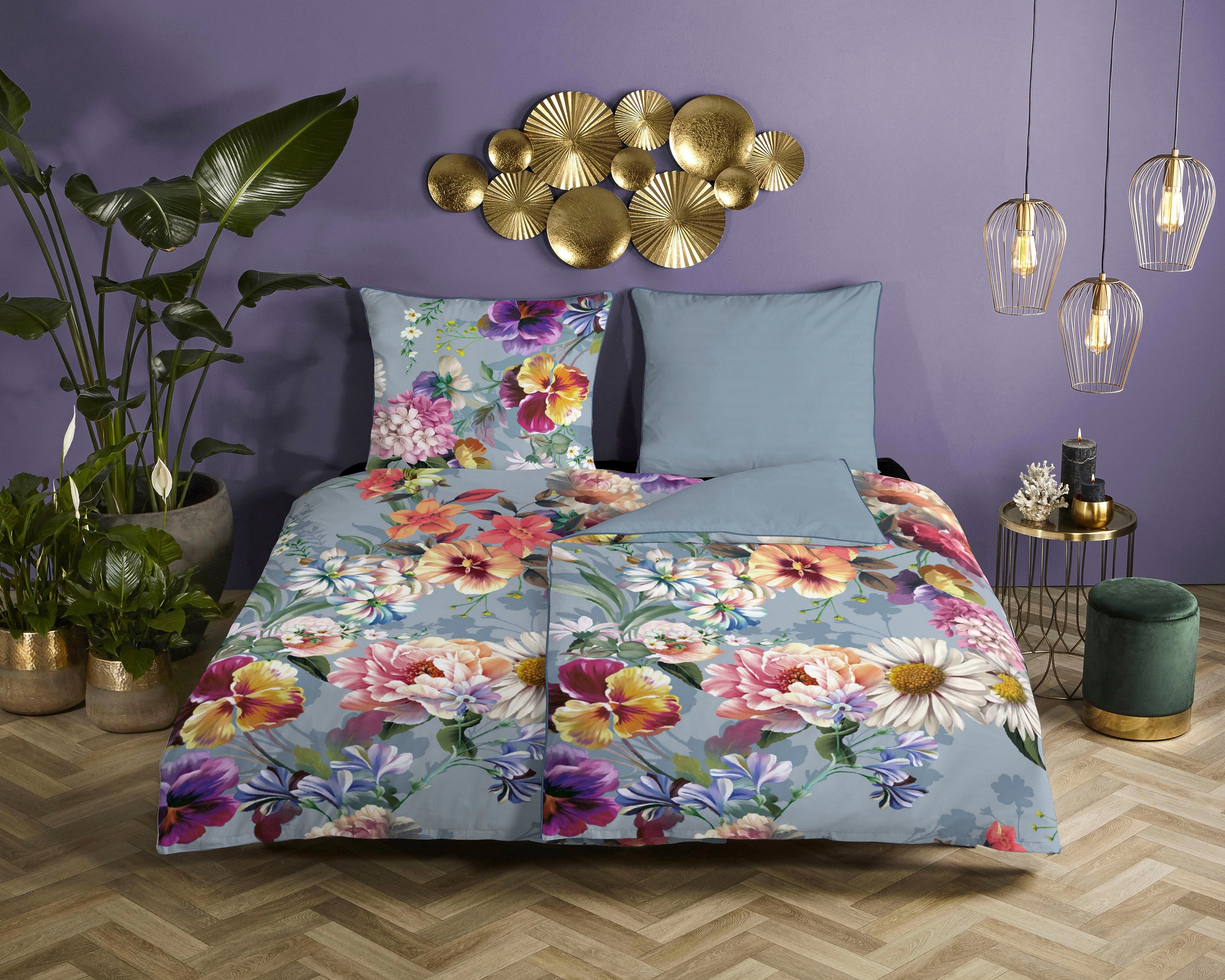 Descanso Wendebettwäsche »Novara«, Baumwolle, Satin, 135x200, Biese, Reißverschluss, Wende, Blumen, Natur