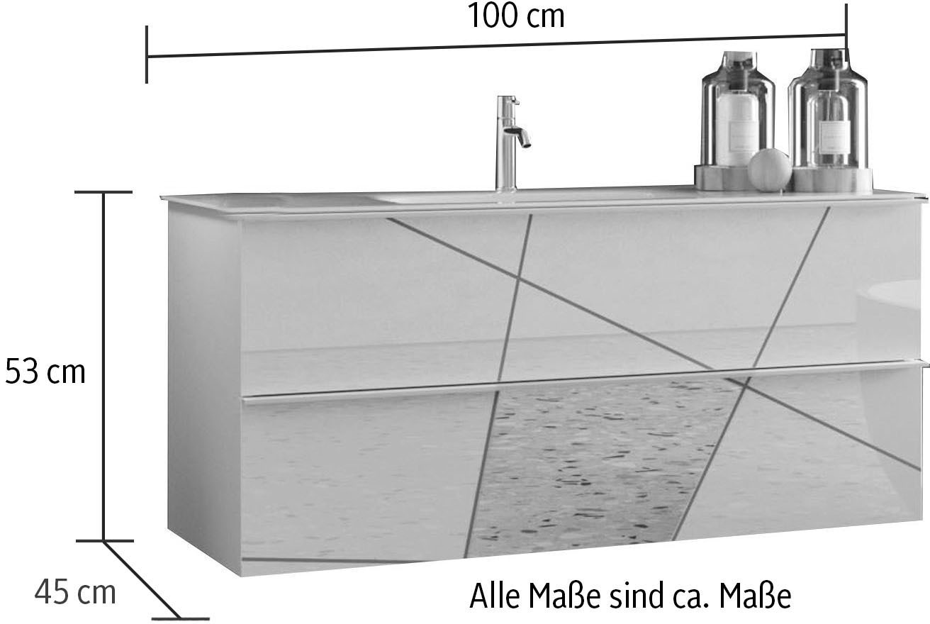 welltime Waschtisch »"Vittoria", 2 Schubkästen, Breite 100 cm«, Soft-Close, inkl. Keramik-Einsatzbecken, Front m. Siebdruck u. Spiegel