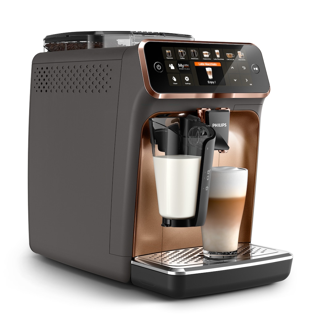 Philips Kaffeevollautomat »EP5144/70 5400 Series, 12 Kaffeespezialitäten«, mit LatteGo-Milchsystem und TFT-Display; Grau / Kupfer verchromt
