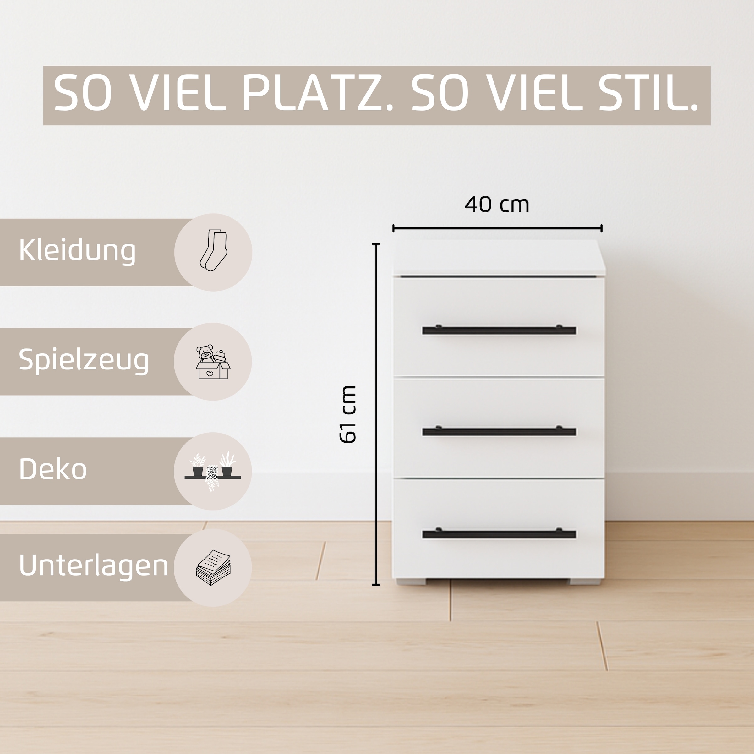 rauch Nachtkommode »Nachttisch Nachtkonsole AVOLA in Dekorfront« Breite 40 cm inkl. Soft-Close-Funktion,  mit 3 geräumigen Schubladen für viel Stauraum MADE IN GERMANY