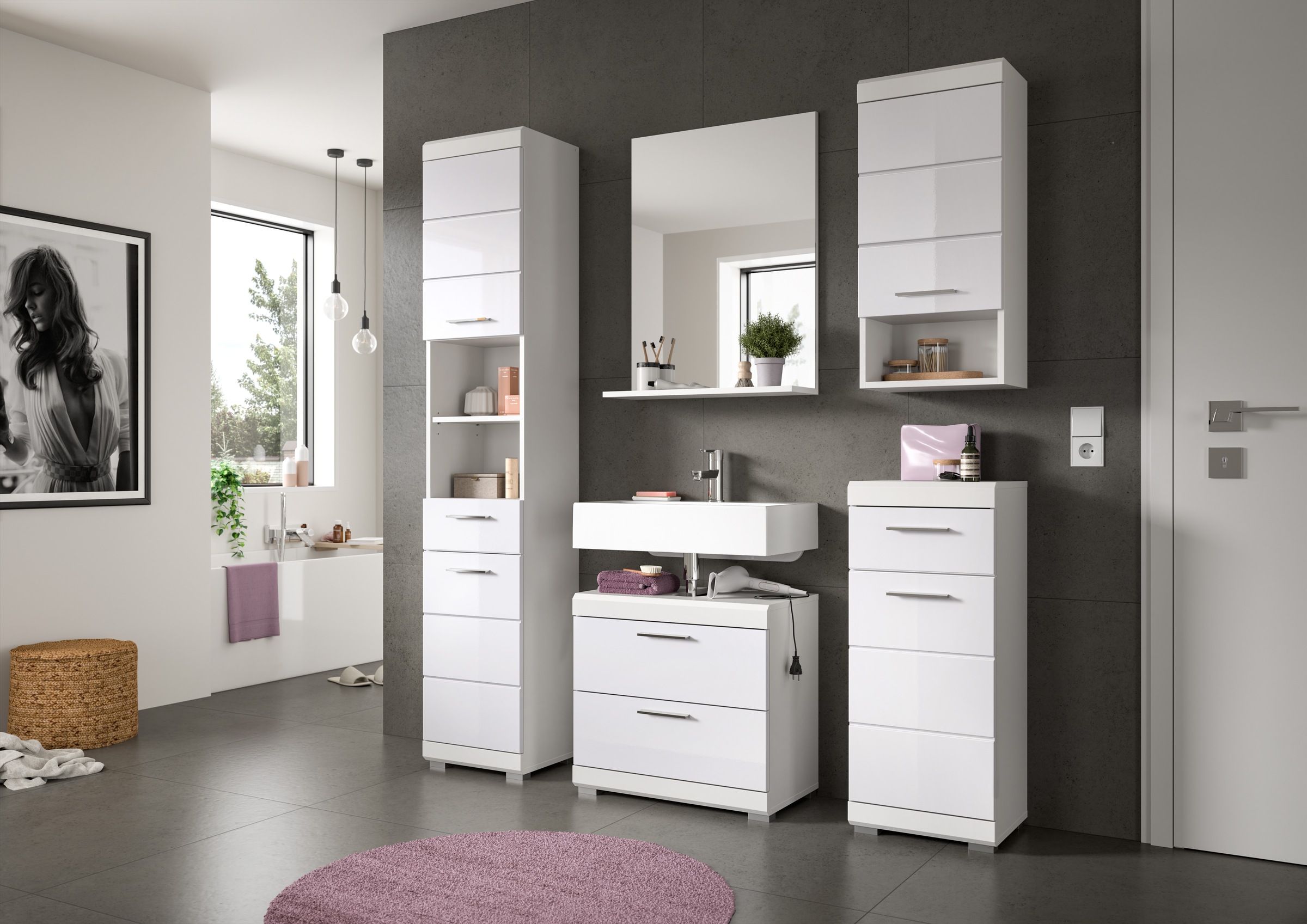 INOSIGN Badmöbel-Set »Siena, 4 teilig, bestehend aus:«, (Set), Waschbeckenunterschrank, Spiegel, Unterschrank, Hängeschrank