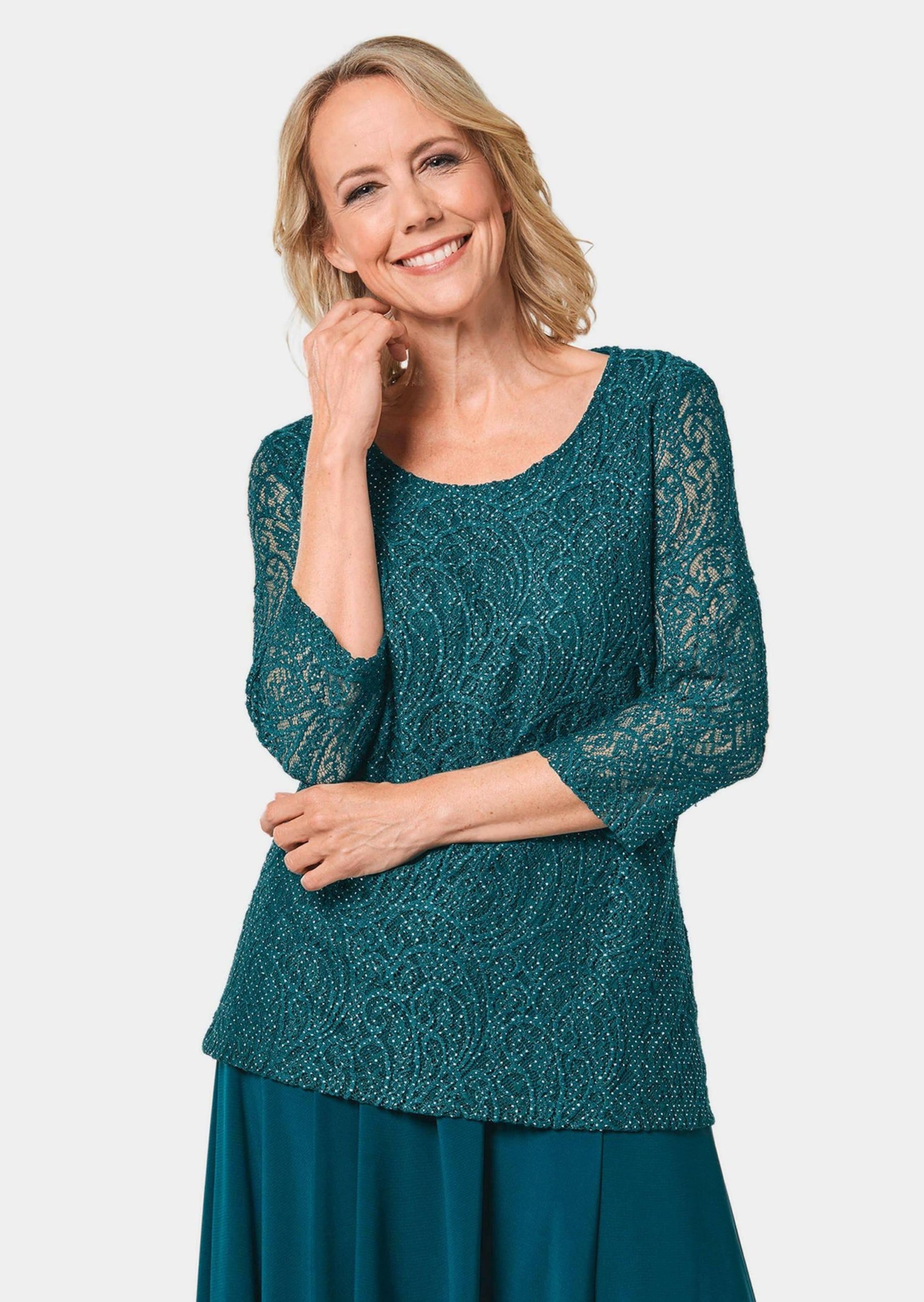 GOLDNER Kurzarmbluse »Spitzenbluse Spitzenbluse mit zartem Glanz«