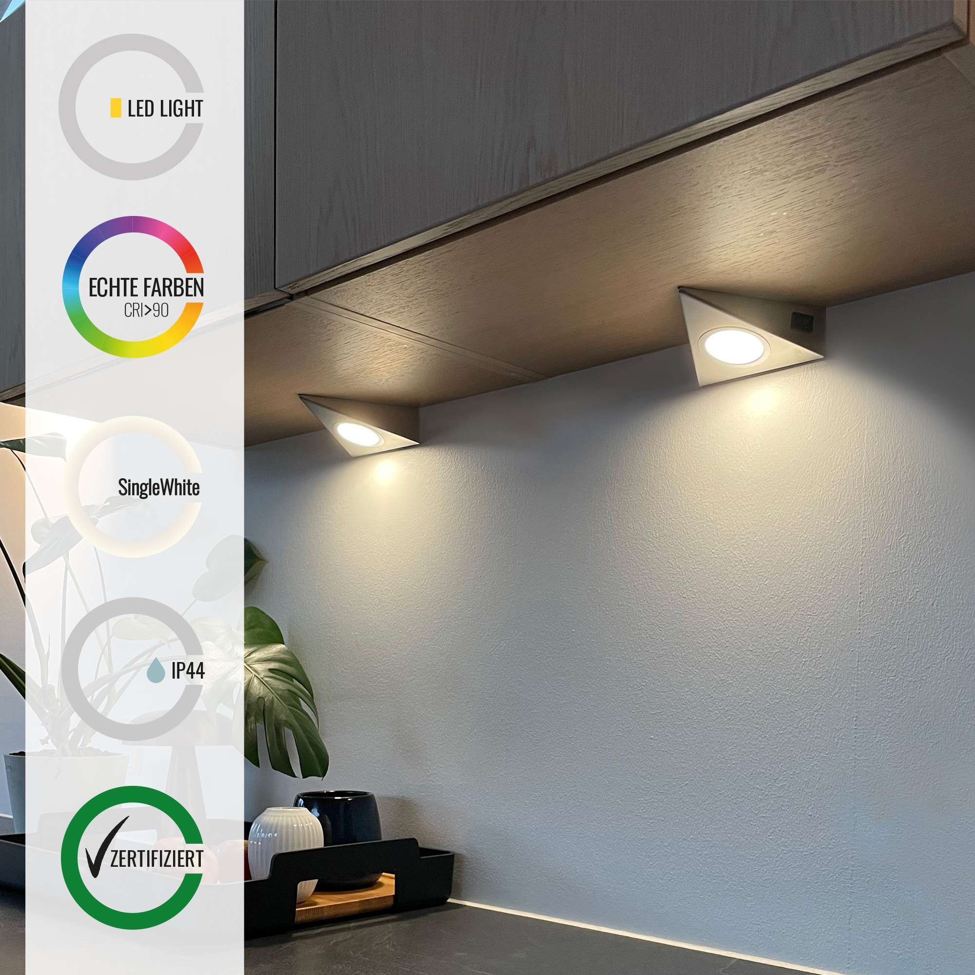 Loevschall Unterschrankleuchte »Emerald Kit Unterbauleuchte Küche LED 230V, 3er-Set, LED-Lampe«, Leuchtmittel LED-Modul | LED fest integriert, Weißlicht, einfache Installation, integriertem Schalter, Edelstahl