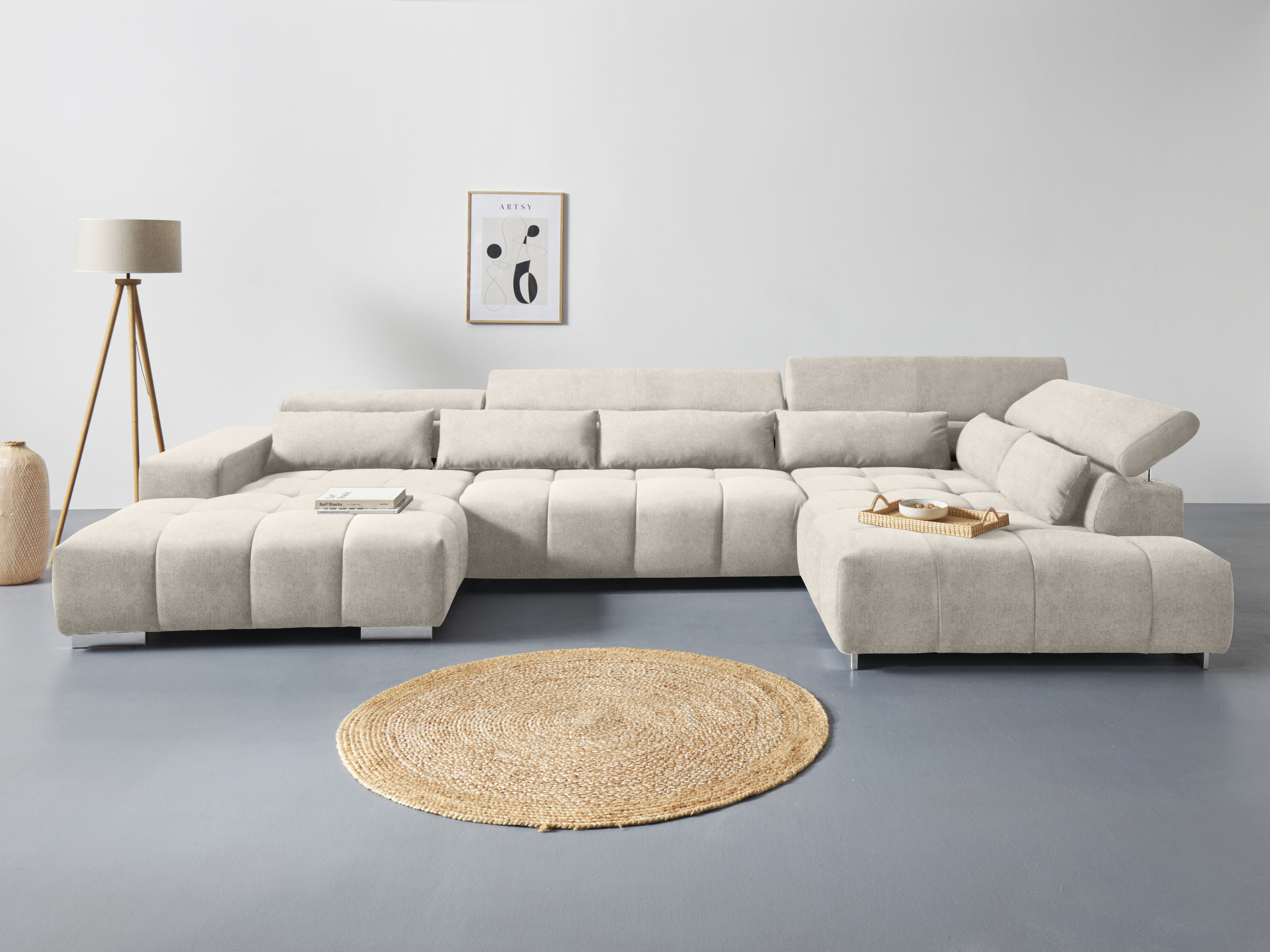 COTTA Wohnlandschaft "Orion U-Form XXL, B: 409 cm, bequeme Wellenunterfederung, top modern" mit Kopfteilverstellung & 6 Nierenkissen