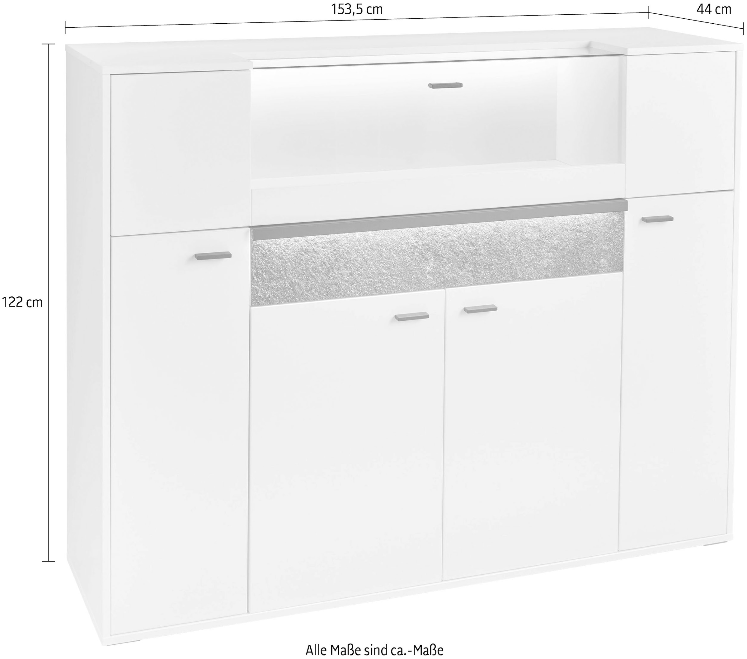 set one by Musterring Highboard »Deltona«, inklusive Beleuchtung, mit Glasklappe und Zierelement, B154 x H122 cm