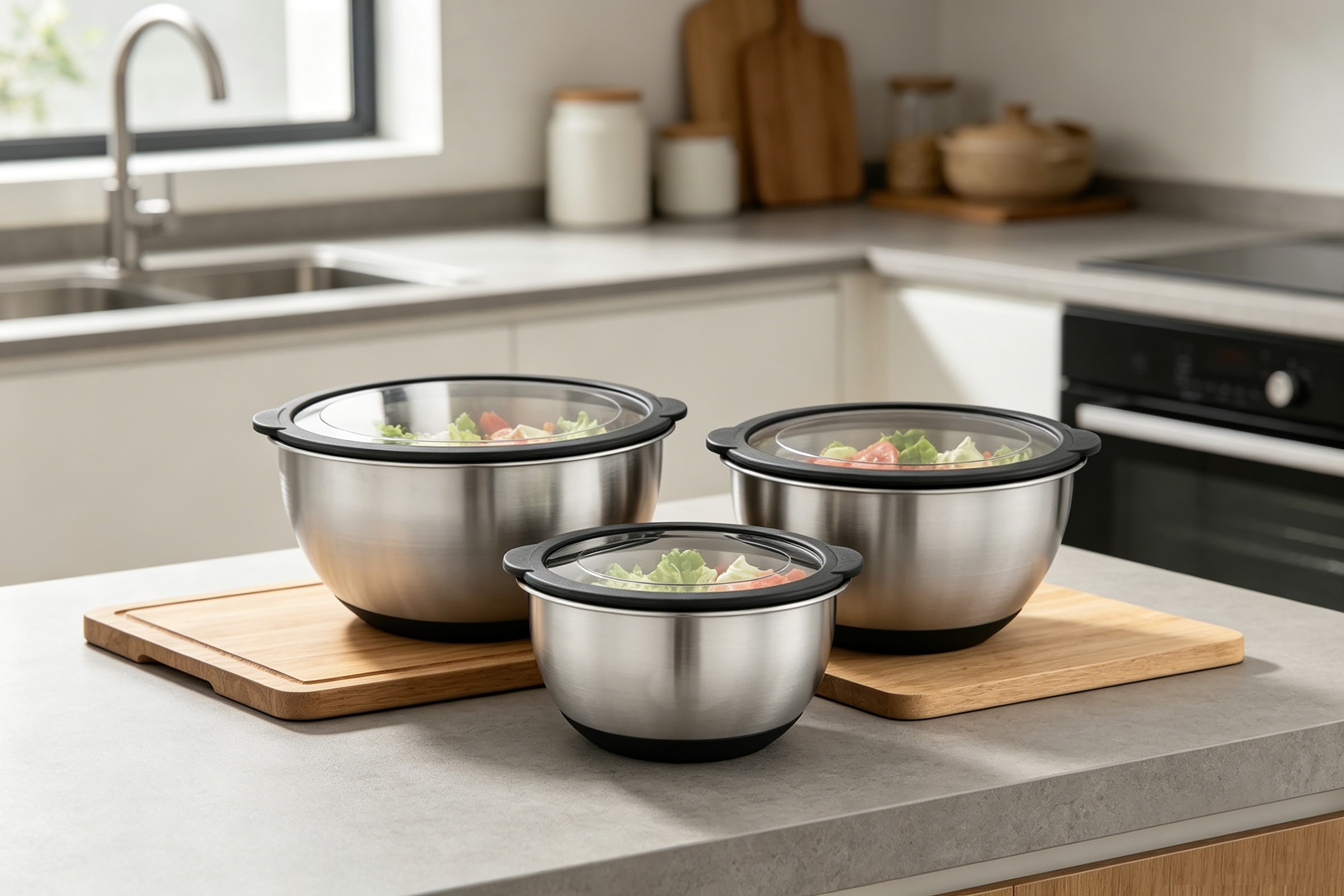 OTTO home Schüssel »Sissela, inkl. Deckel, Ø 14 / 18 / 22 cm« 3 aus Edelstahl 18/10 Ideal zum Zubereiten, Lagern und Servieren von Speisen