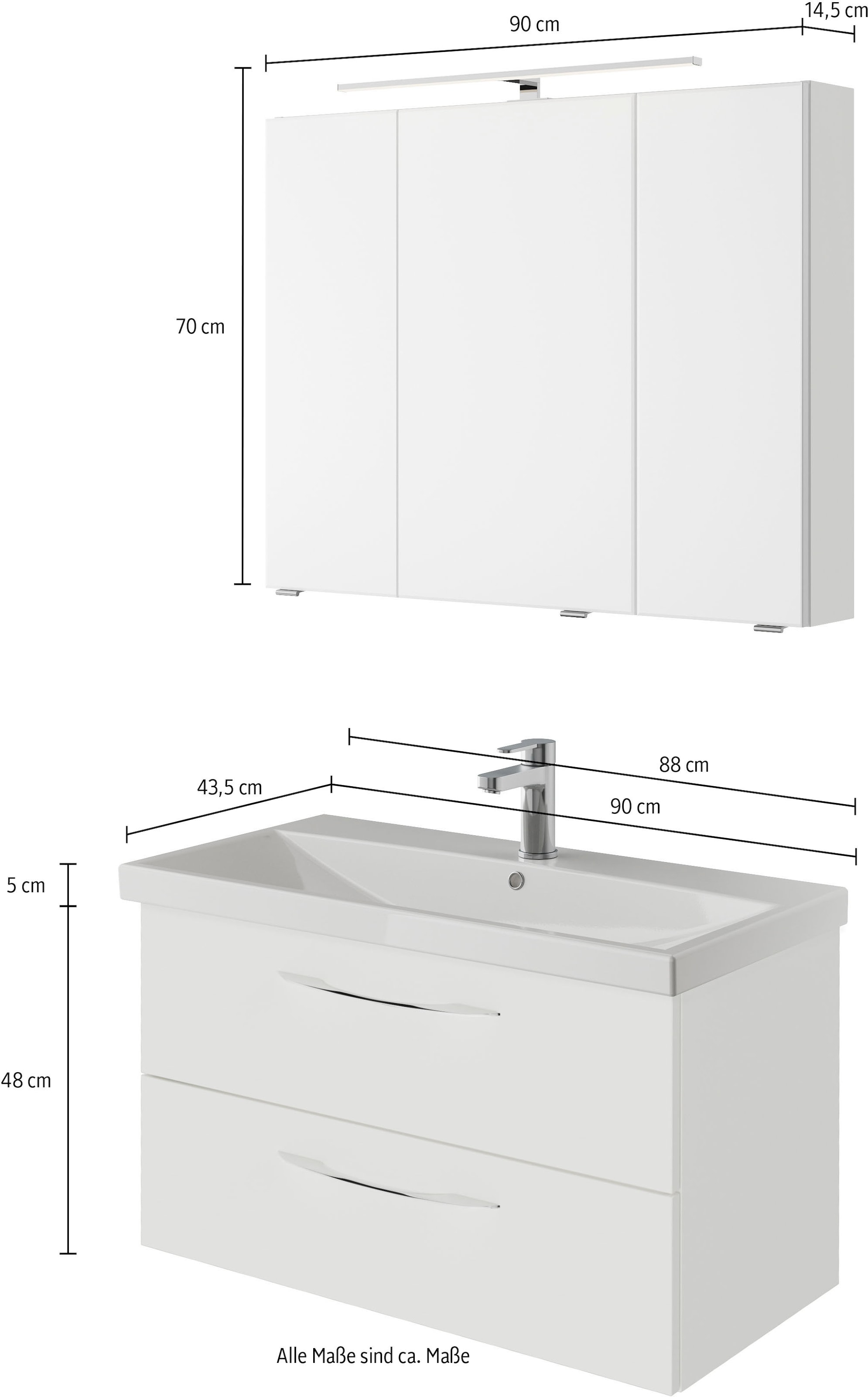 Saphir Badmöbel-Set »Serie 4035 2-teilig, Keramikwaschtisch mit LED-Spiegelschrank«, (Set), 90 cm breit, inkl. Türdämpfer, 2 Schubladen, 3 Türen, 6 Einlegeböden