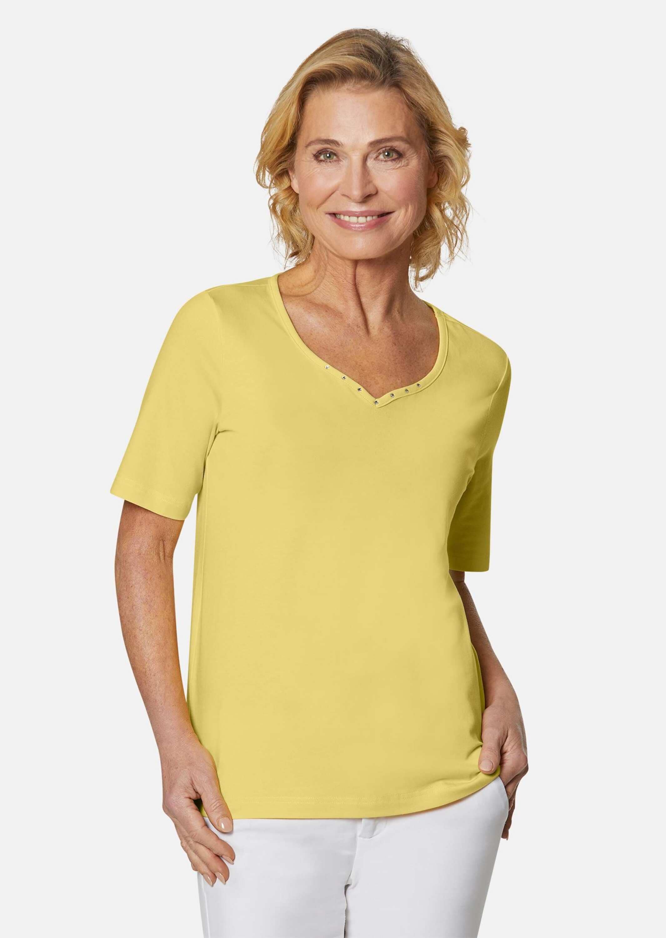 GOLDNER Langarm-Poloshirt »T-Shirt mit charmantem Ausschnitt und Schmucksteinchen«