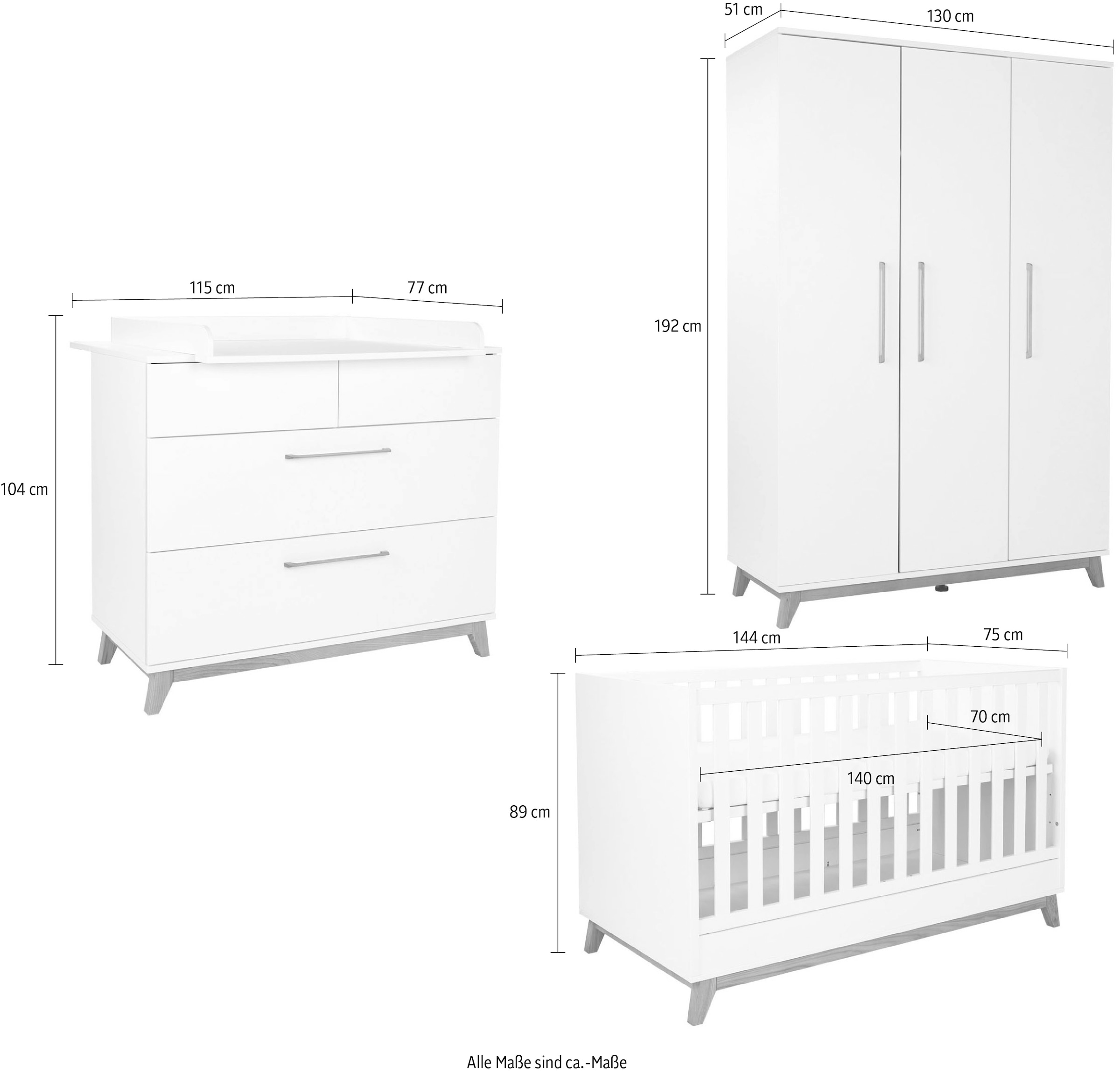 arthur berndt Babymöbel-Set »Babyzimmer Set »Lina« 3-teilig«, (Spar-Set, 3 tlg., Das Set besteht aus Kleiderschrank, Kinderbett und Wickelkommode)