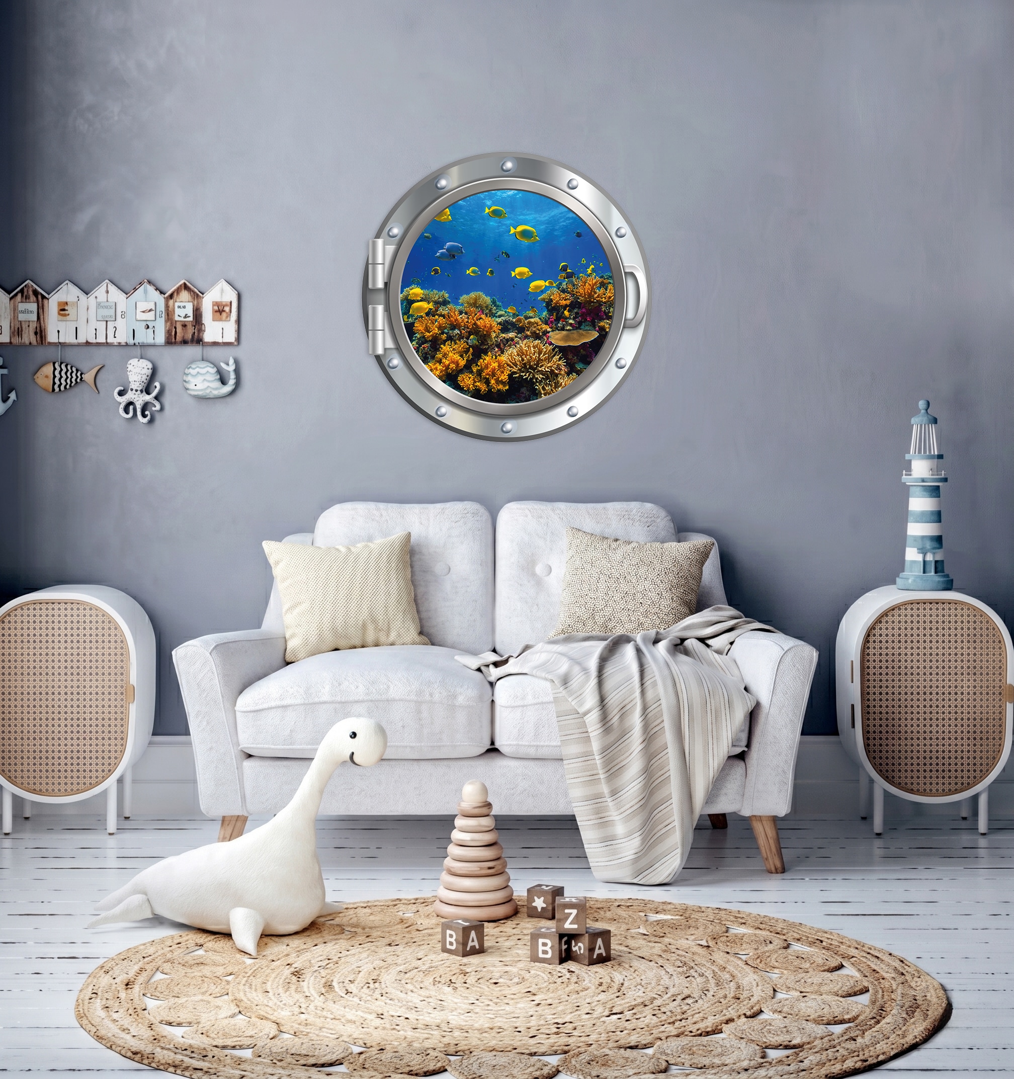 queence "3D Bullauge Illusion Unterwasserwelt Korallen 40x40 cm" Selbstklebender Wanddurchbruch Unterwasser