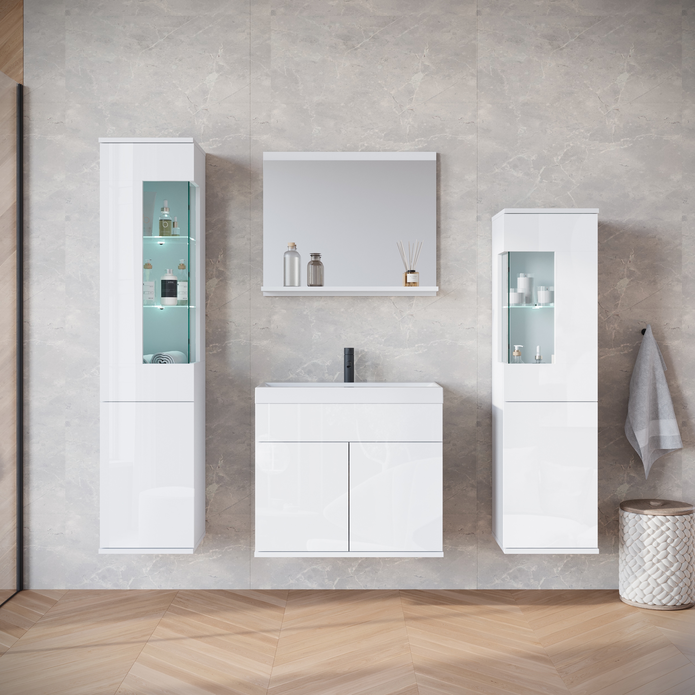 INOSIGN Badmöbel-Set »Kenia«, (Set, 5 St.), Modernes Badmöbel-Set mit viel Stauraum und Glaseinsatz