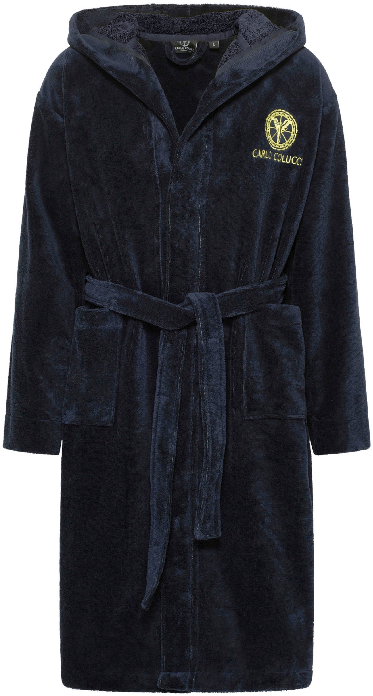 Bademantel CARLO COLUCCI, L:120cm, blau, Frottier, Hausmäntel, "Kapuzen-Bademantel für Herren aus weicher Baumwolle", MADE IN GREEN by OEKO-TEX