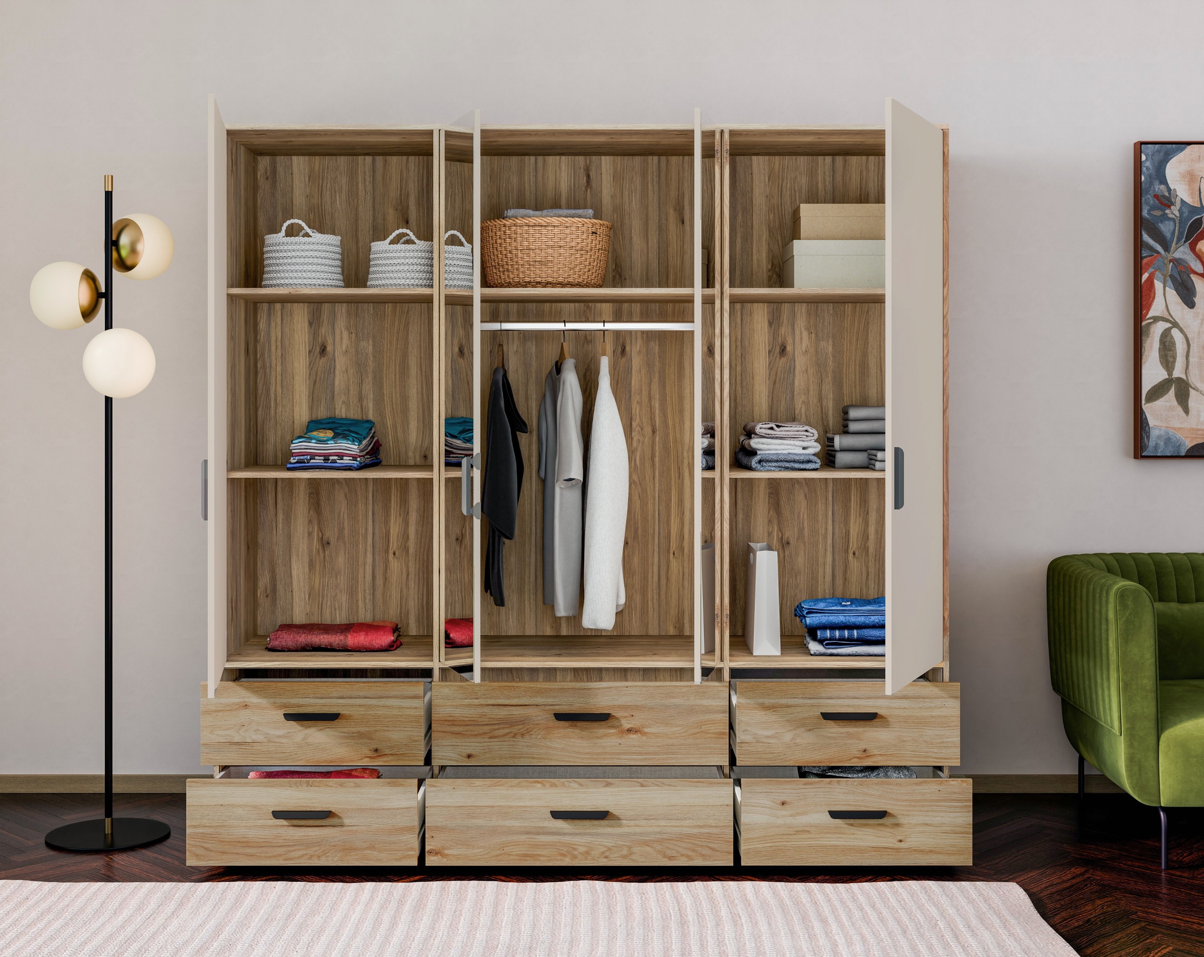 FORTE Drehtürenschrank »Schrank mit Spiegel, zeitloses Design, 4türig« viel Stauraum, Schubladen, Spiegeltürenm Höhe 200 cm