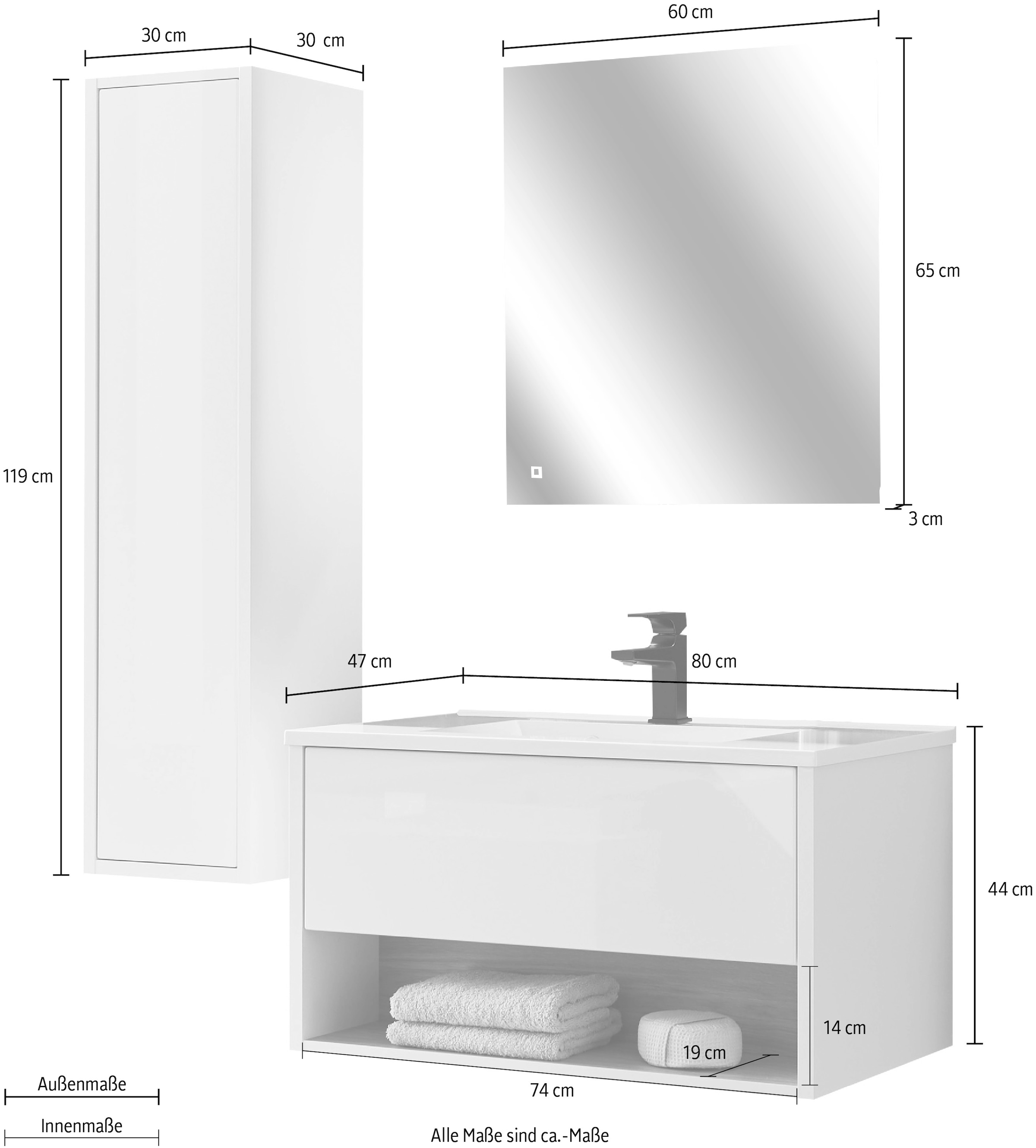 Places of Style Badmöbel-Set »Studio Line, Bad im modernen Design, 3-teiliges Badezimmer«, (3 St.), Schrank, Waschtisch und Spiegel, in zwei Farben verfügbar, Stauraum