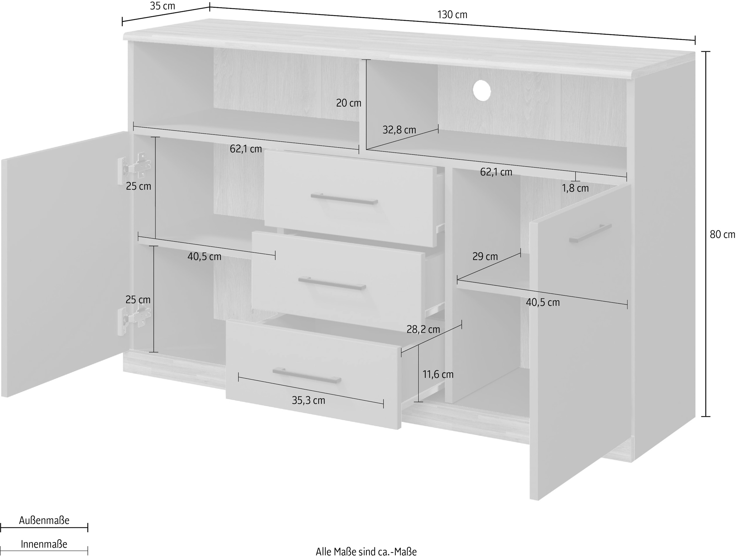 Home affaire Sideboard »Ribe,130cm breit,80cm hoch,Türen und Schubladen,6 Fächer«, Oberplatte Eiche massiv,schwarze Metall Griffe
