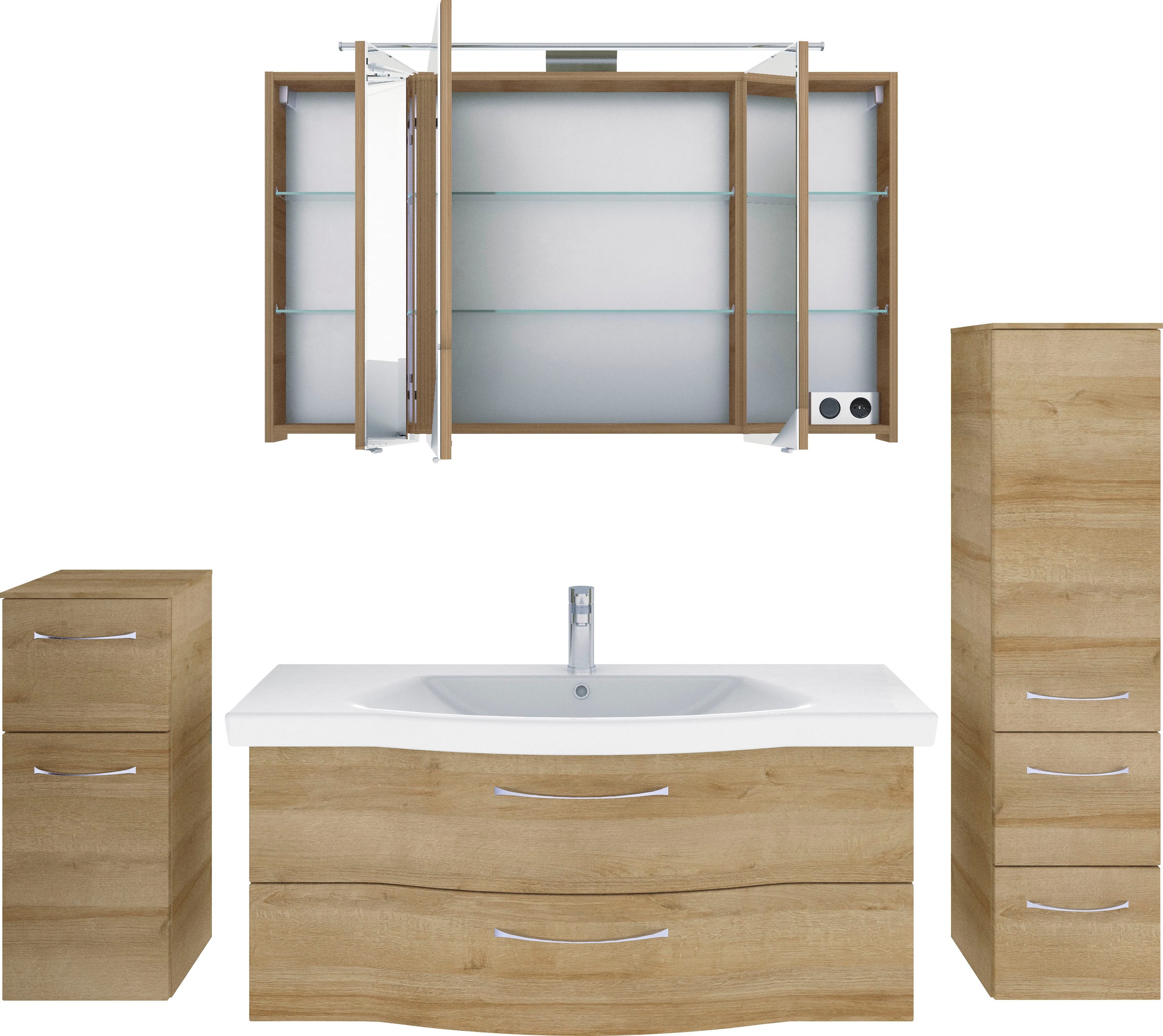 Saphir Badmöbel-Set »6005 Sprint 4-teilig, Keramik-Waschtisch mit LED-Spiegelschrank«, (5 St.), Unterschrank, Midischrank, inkl. Türdämpfer, 5 Türen, 5 Schubladen