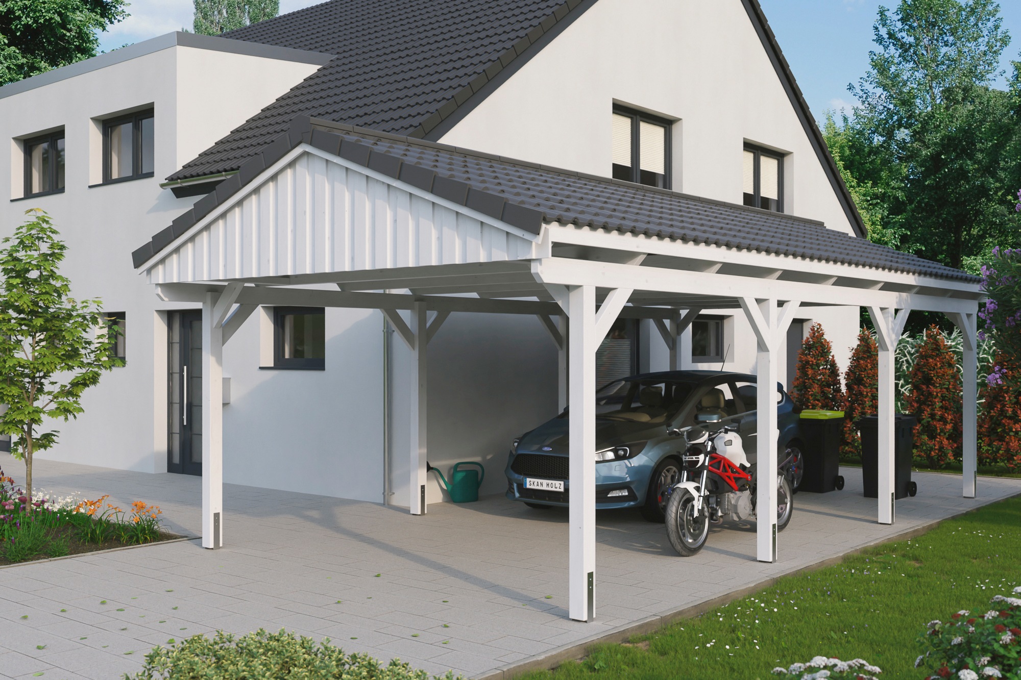 Skanholz Einzelcarport "Fichtelberg" Leimholz weiß mit Dachlattung