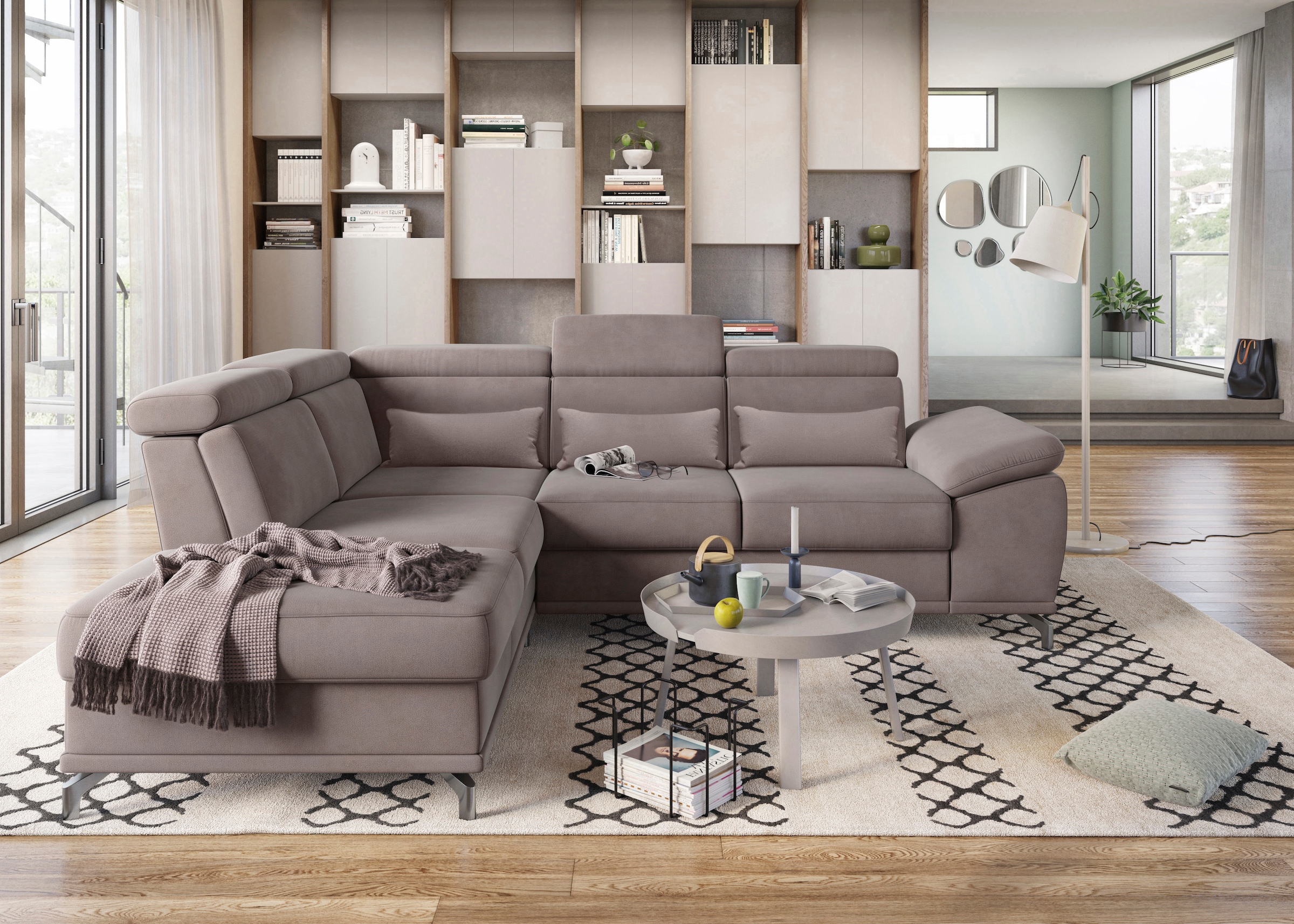 sit&more Ecksofa »Cabrio L-Form, mit Sitztiefenverstellung, Arm- und Kopfteilverstellung«, 3 Nierenkissen, Federkern, optional Bettfunktion und Stauraum