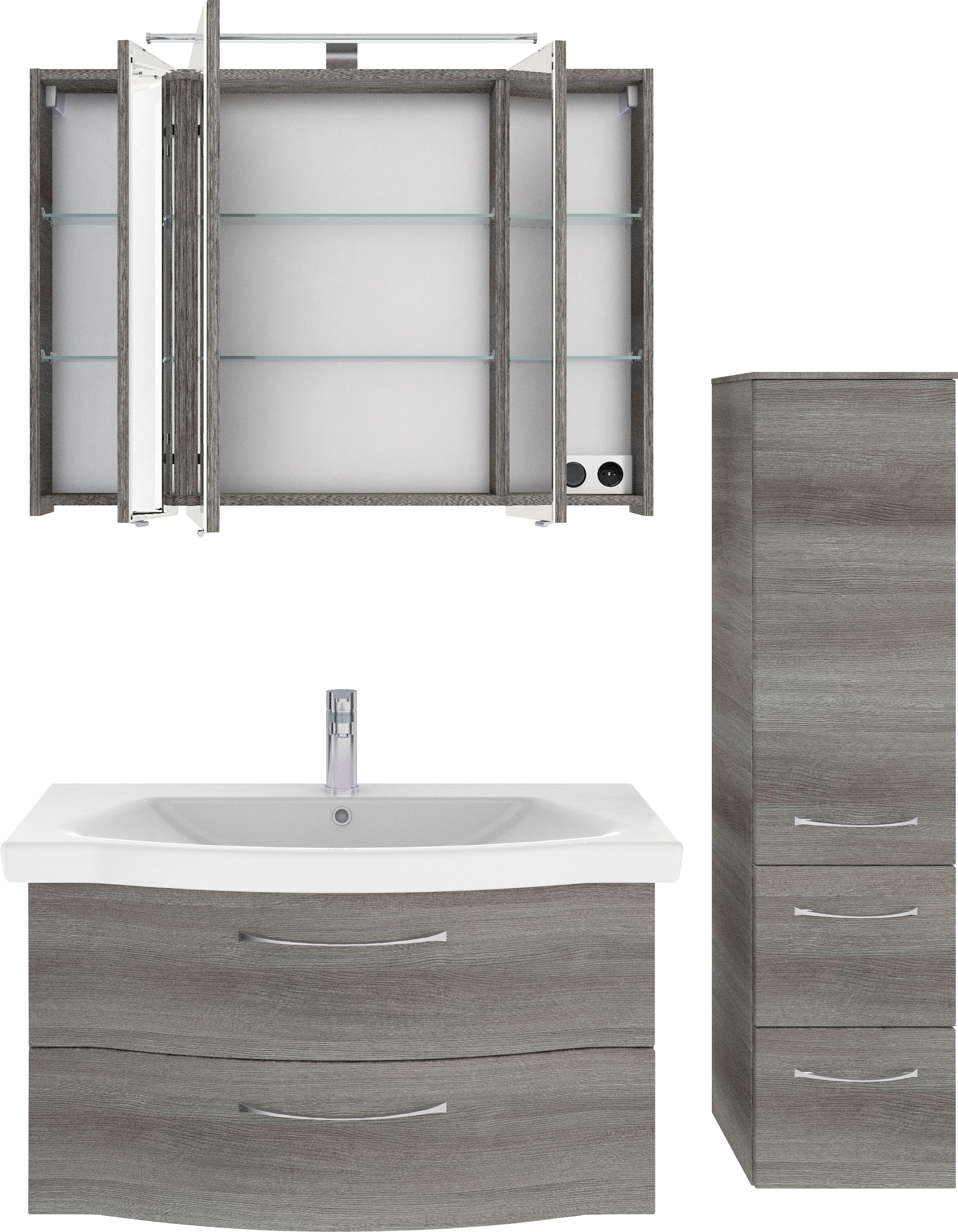 Saphir Badmöbel-Set »6005 Sprint 3-teilig, Keramik-Waschtisch mit LED-Spiegelschrank«, (4 St.), Midischrank, inkl. Türdämpfer, 4 Türen, 4 Schubladen, Bad-Set