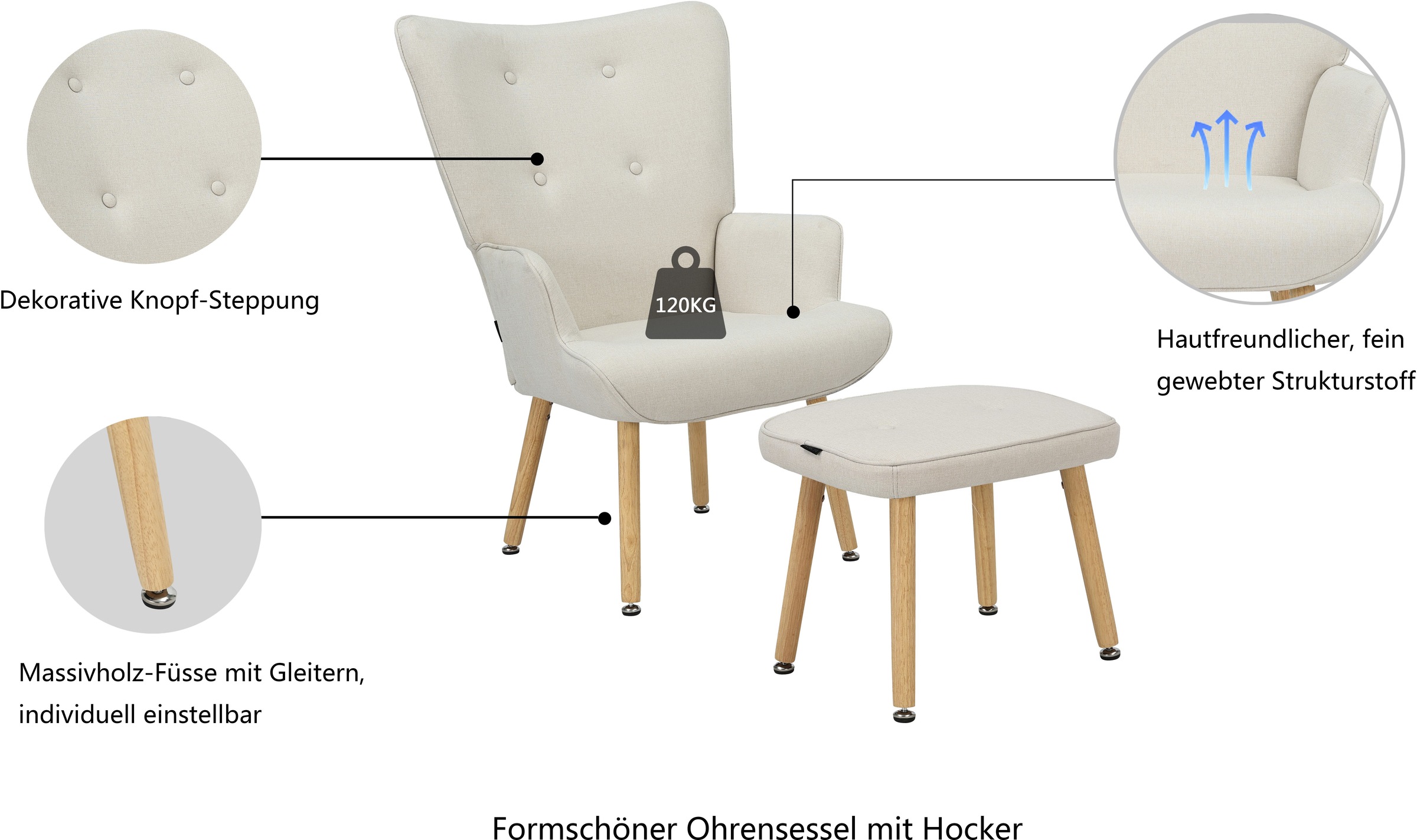 Thumbnail - OTTO home Ohrensessel "PERHAM, Sessel mit Hocker im Set, Knopfheftung, Massivholz-Füße," komfortabler Relaxsessel und Si...