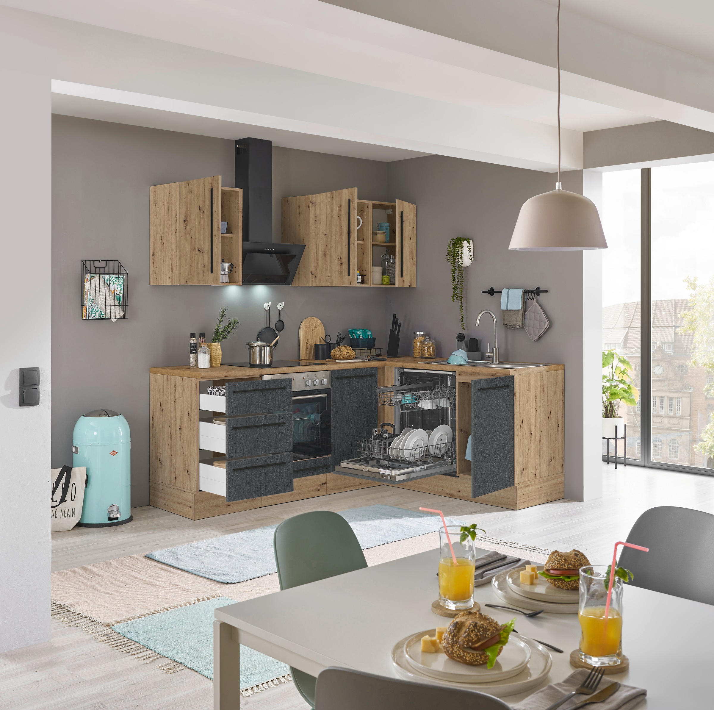 KOCHSTATION Winkelküche »Florida, Stellbreite 220x175 cm«, wahlweise mit E-Geräten, mit Softclose für Türen und Schubkästen