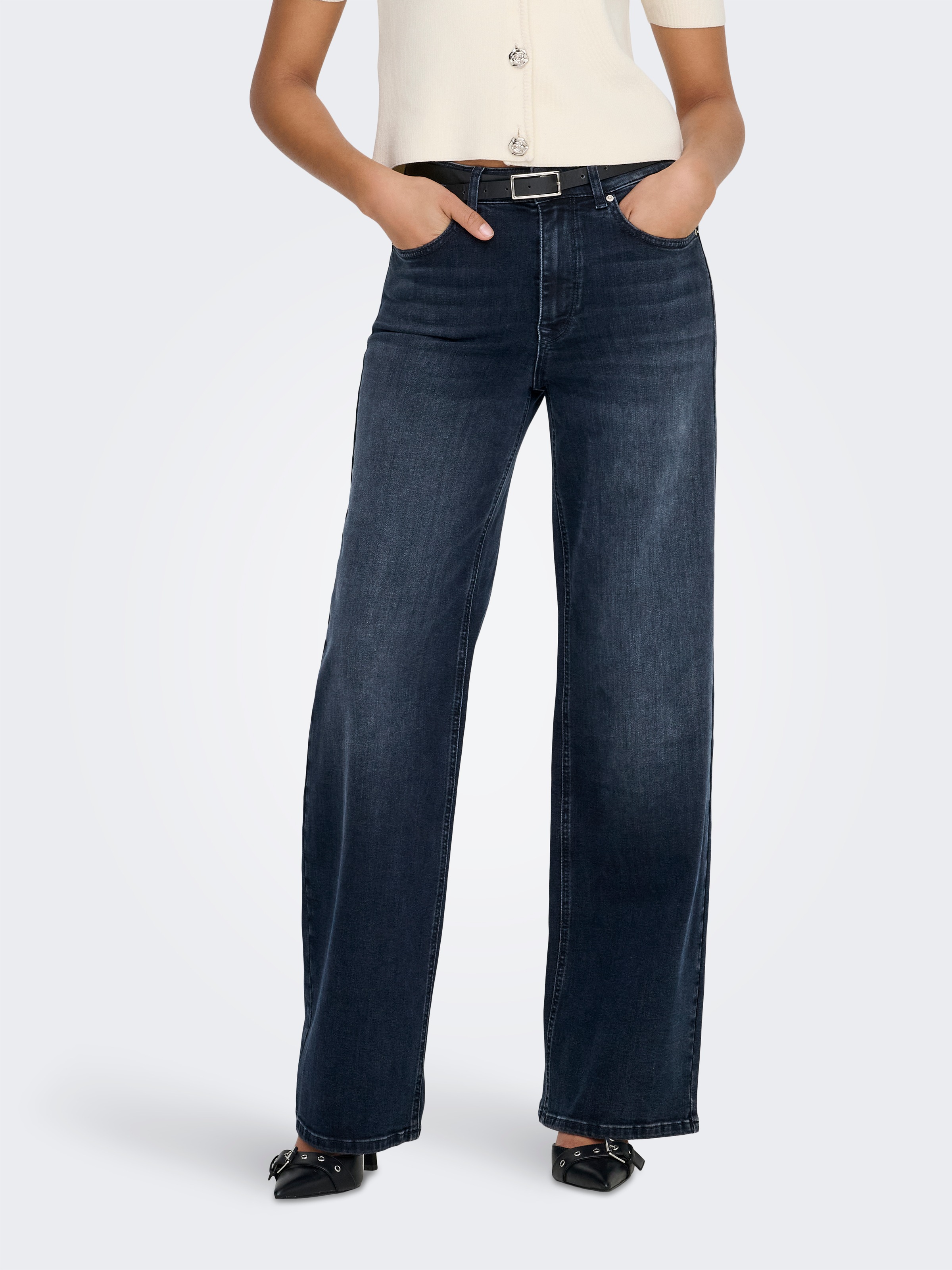 ONLY Damen High-waist-Jeans "ONLMADISON BLUSH HW WIDE DNM DOT632"blau schwarz denim, Gr. XS, unifarben, Denim/Jeans, Obermaterial: 92% Baumwolle, 6%