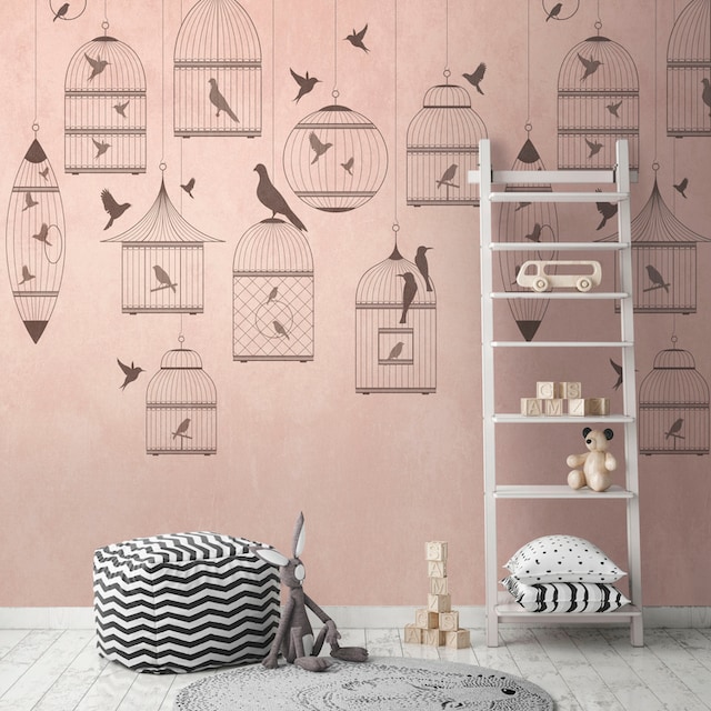 Grau Fototapete Tiere living print-Motiv-gemustert, Wall«, bestellen BAUR | Fototapete Rosa online »The Tapete walls animal Vögel