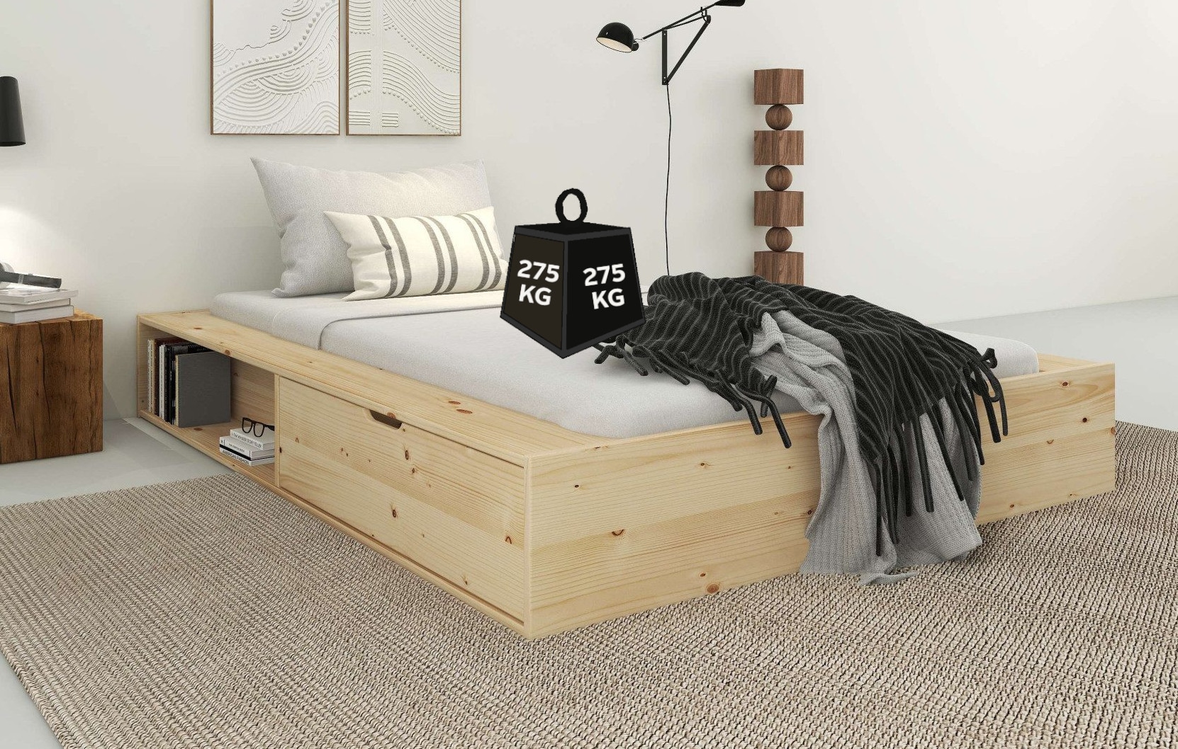 Home affaire Stauraumbett »Erno, Massivholzbett, Futonbett, 275KG belastbar«, (Breite/ Belastbarkeit: 120cm/275 KG, 180cm/275 KG), mit Lattenrost, Massivholz, FSC® zertifiziert, viel Stauraum + Ablagen