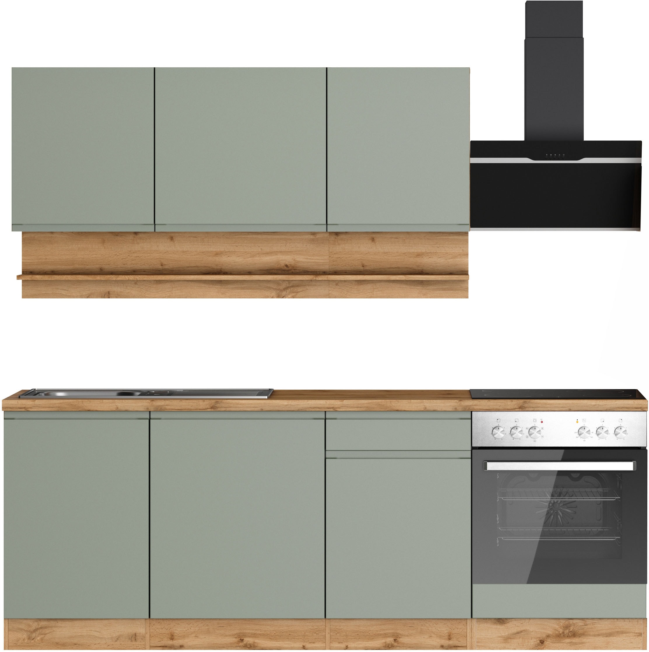 KOCHSTATION Küchenzeile "KS-Virginia,neu in verbesserter Ausführung" Arbeitsplatte 38 mm stark, Stauraum, Softclose, Breite 220 cm, Soft-Close, wahlweise mit E-Geräten