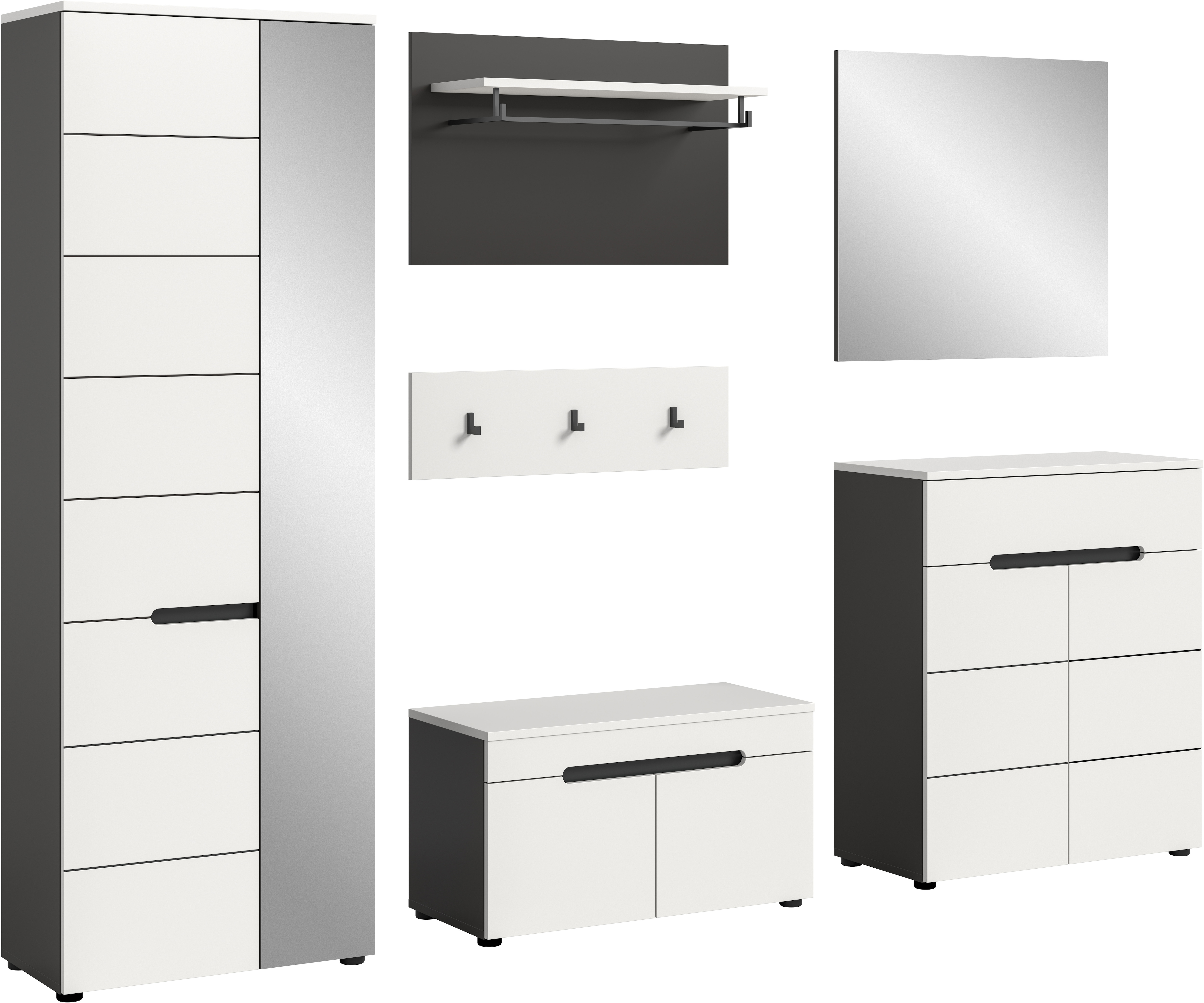 Home affaire Garderoben-Set "Rehat, Garderobenkombination, Breite 255cm" Garderobenschrank, Sitzbank, Paneel, Hakenleiste, Spiegel, Kommode, 6 Stk. tlg.