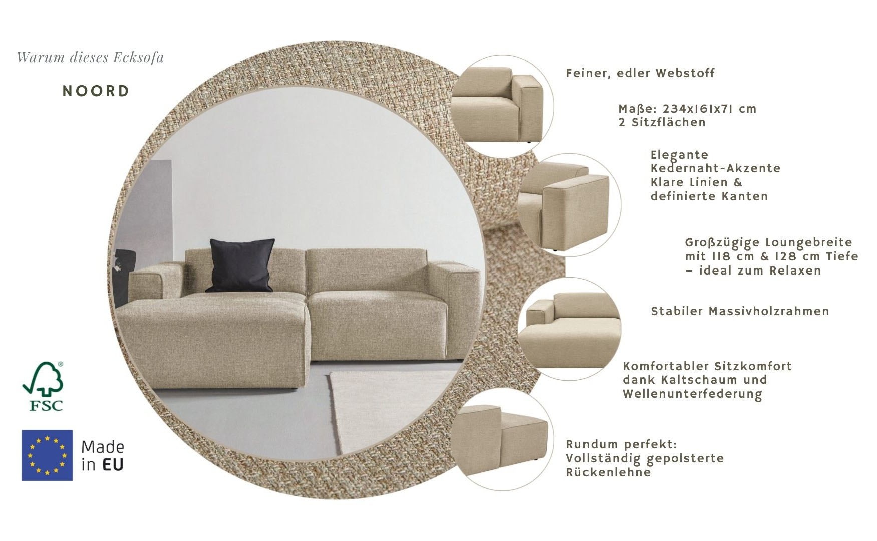 Home affaire Ecksofa »Noord mit Kedernaht, Breite 234 cm, L-Form« Cord, Struktur, Webstoff, mit Wellenunterfederung, Massivholzrahmen