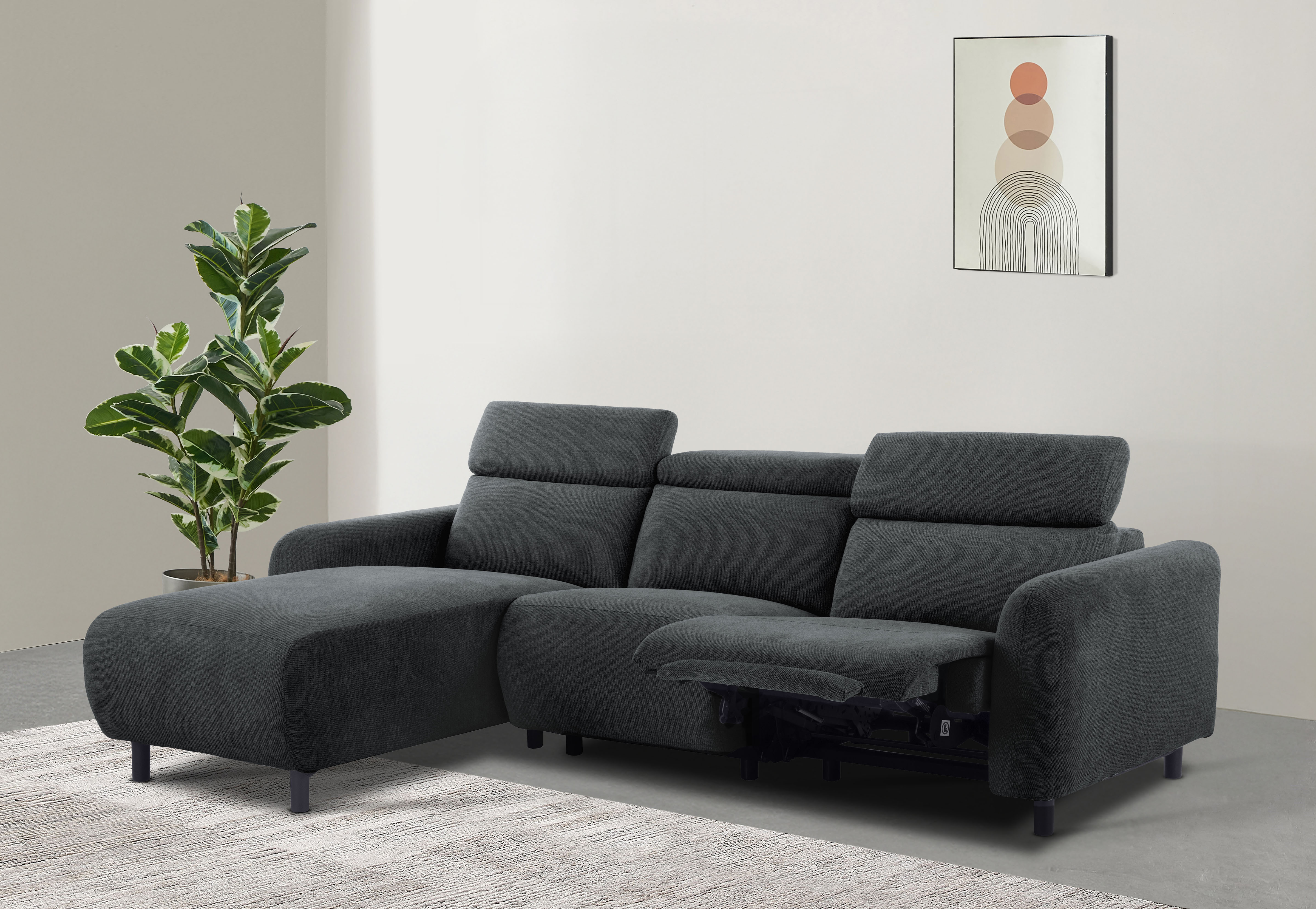 OTTO home Ecksofa "SKAANE Struktur, L-Form, 274 cm, manuelle/elektrische Relaxfunktion," rundes Design, Kopfteilverstellung, Federkernpolsterung