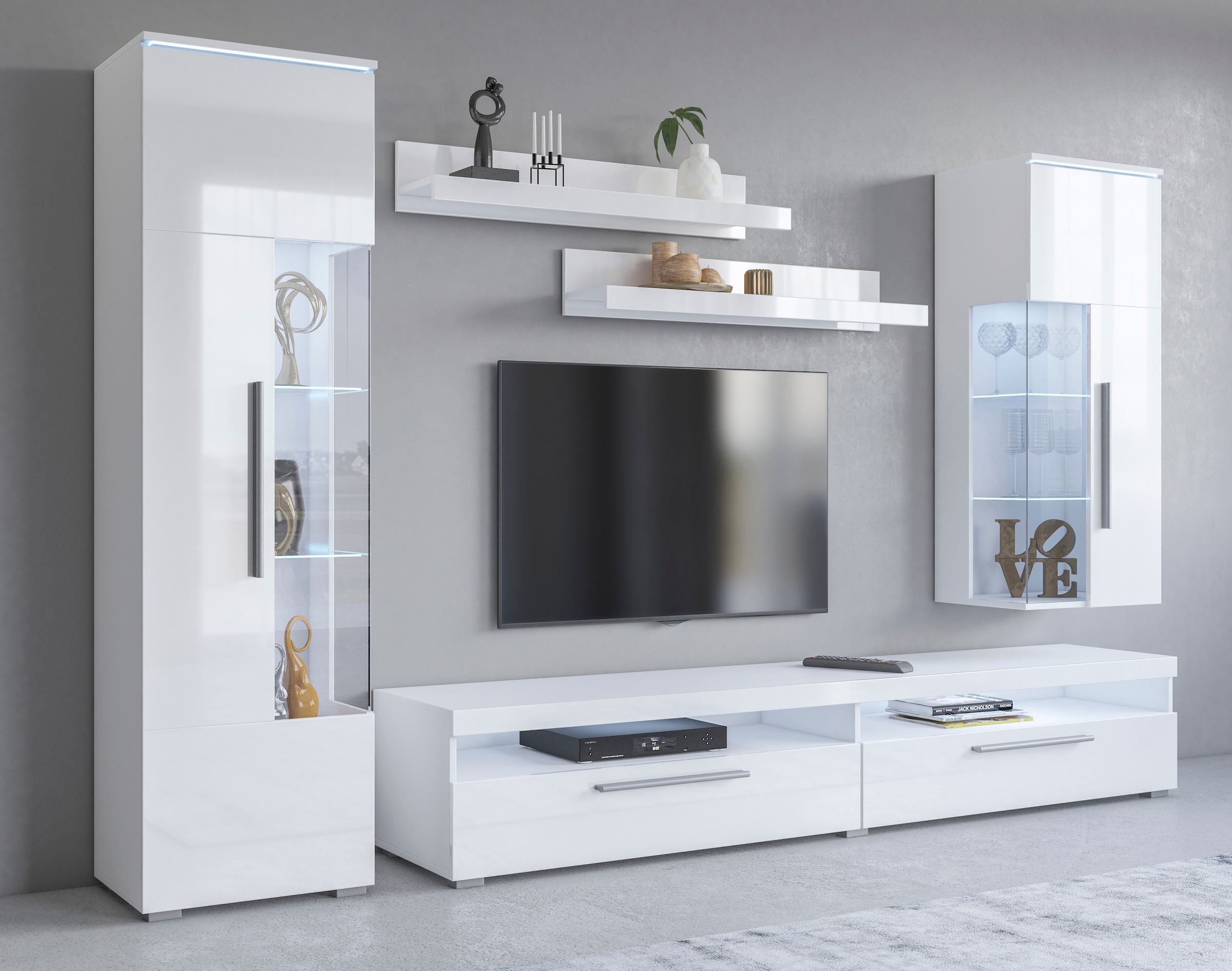 Wohnwand OTTO HOME, B:245cm, weiß, ABS-Kunststoff, Glas, Holzwerkstoff, Kunststoff, Metall, Wohnzimmer, Kastenmöbel-Sets, "India,Breite 245cm moderne