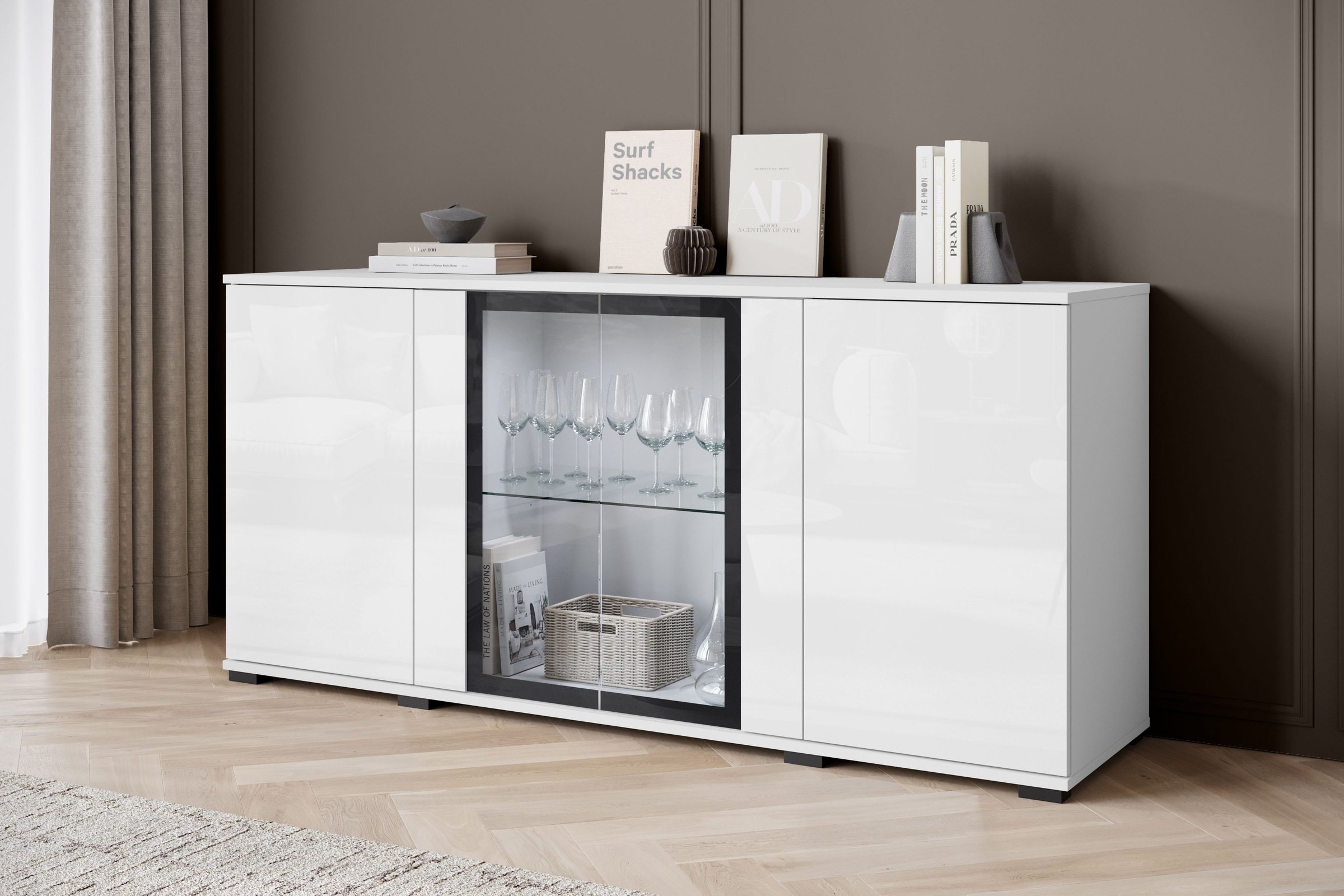 INOSIGN Sideboard »Caro, modernes Design mit Glaseinsätzen, Breite 150 cm«, (1 St.), Grifflose Fronten mit Push-to-Open, höhenverstellbare Einlegeböden