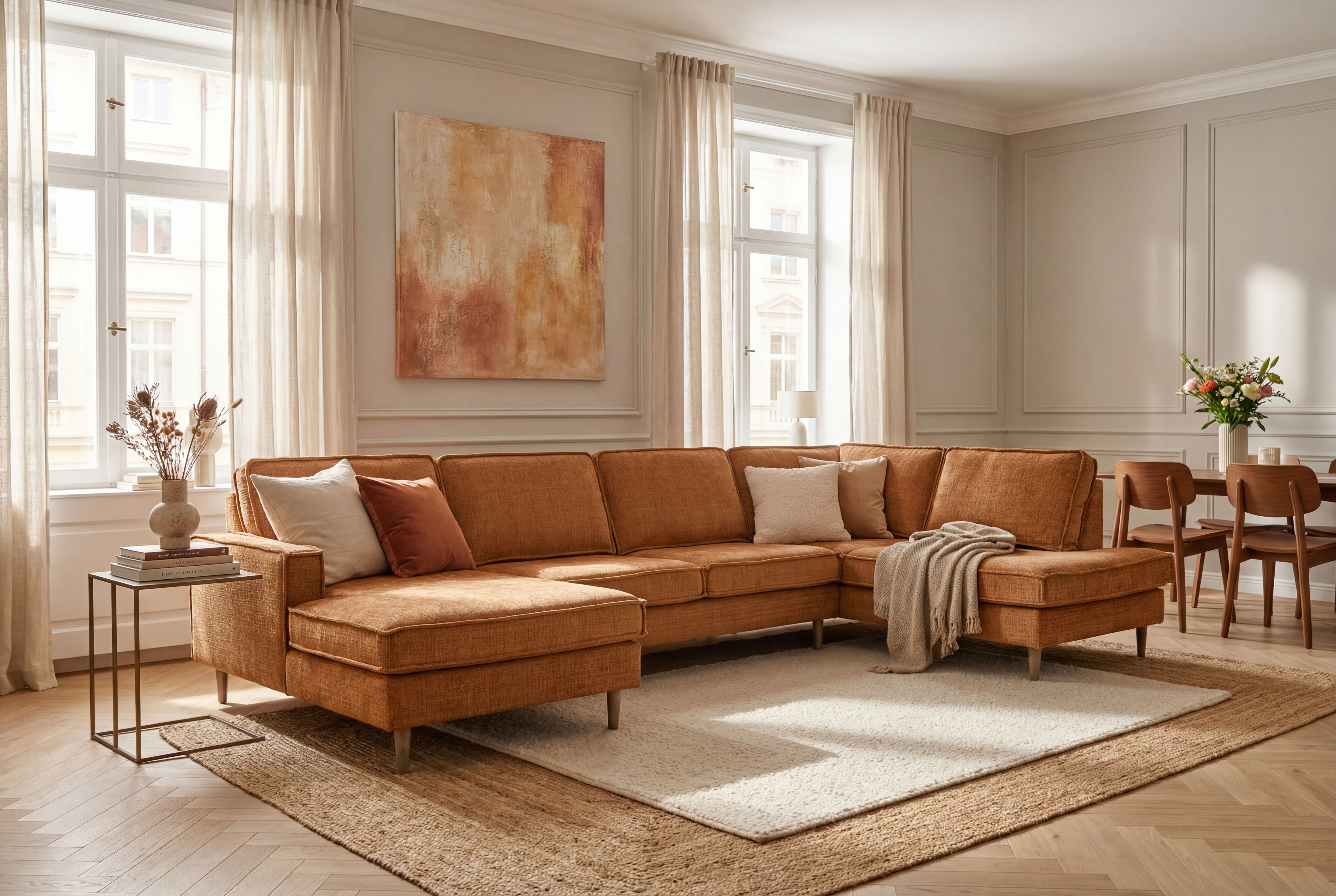 OTTO home Wohnlandschaft "Pinto Skandi, 350 cm, U-Form, XXL, mit Ottomanen" mit Keder, Massivholzfüße Eiche geräuchert, Wellenunterfederung