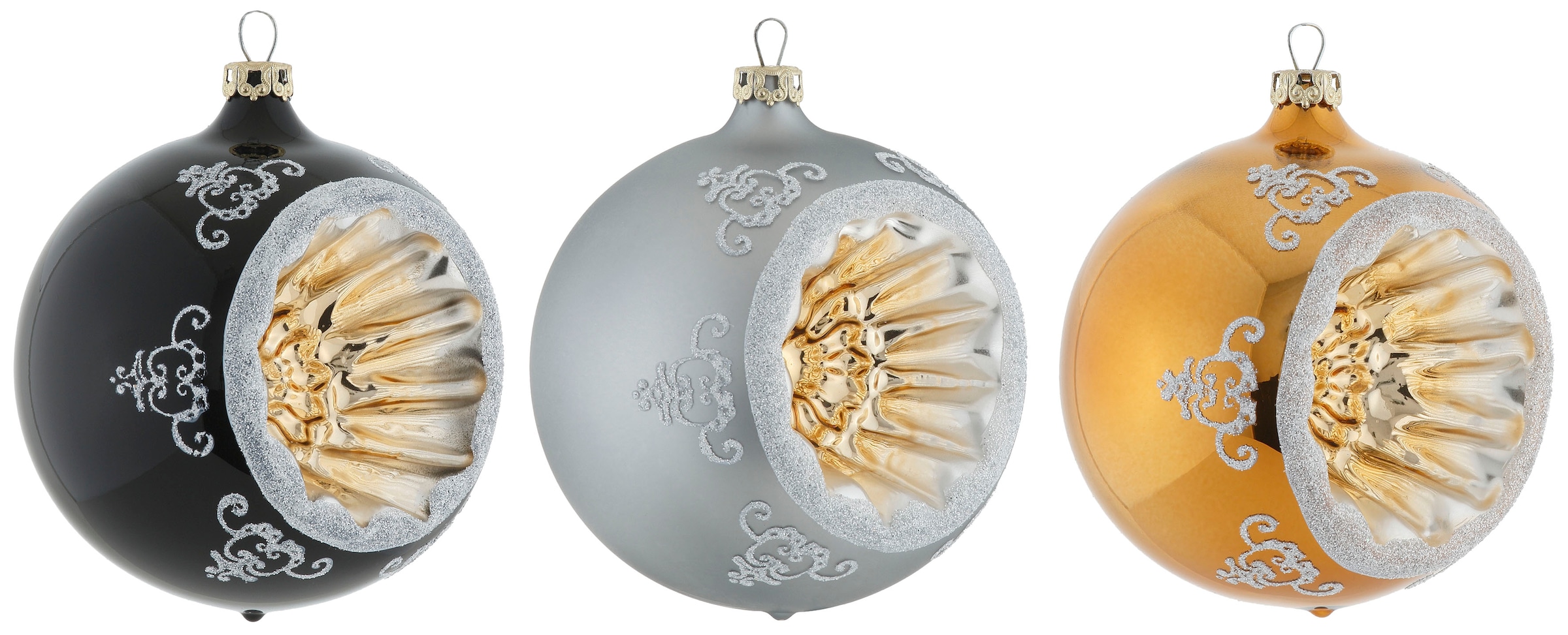 Thüringer Glasdesign Weihnachtsbaumkugel »Black&White&Gold, Weihnachtsdeko, Christbaumschmuck«, bestellen (Set, Refelexkugeln St.), | Glas, hochwertige 3 aus Christbaumkugeln BAUR
