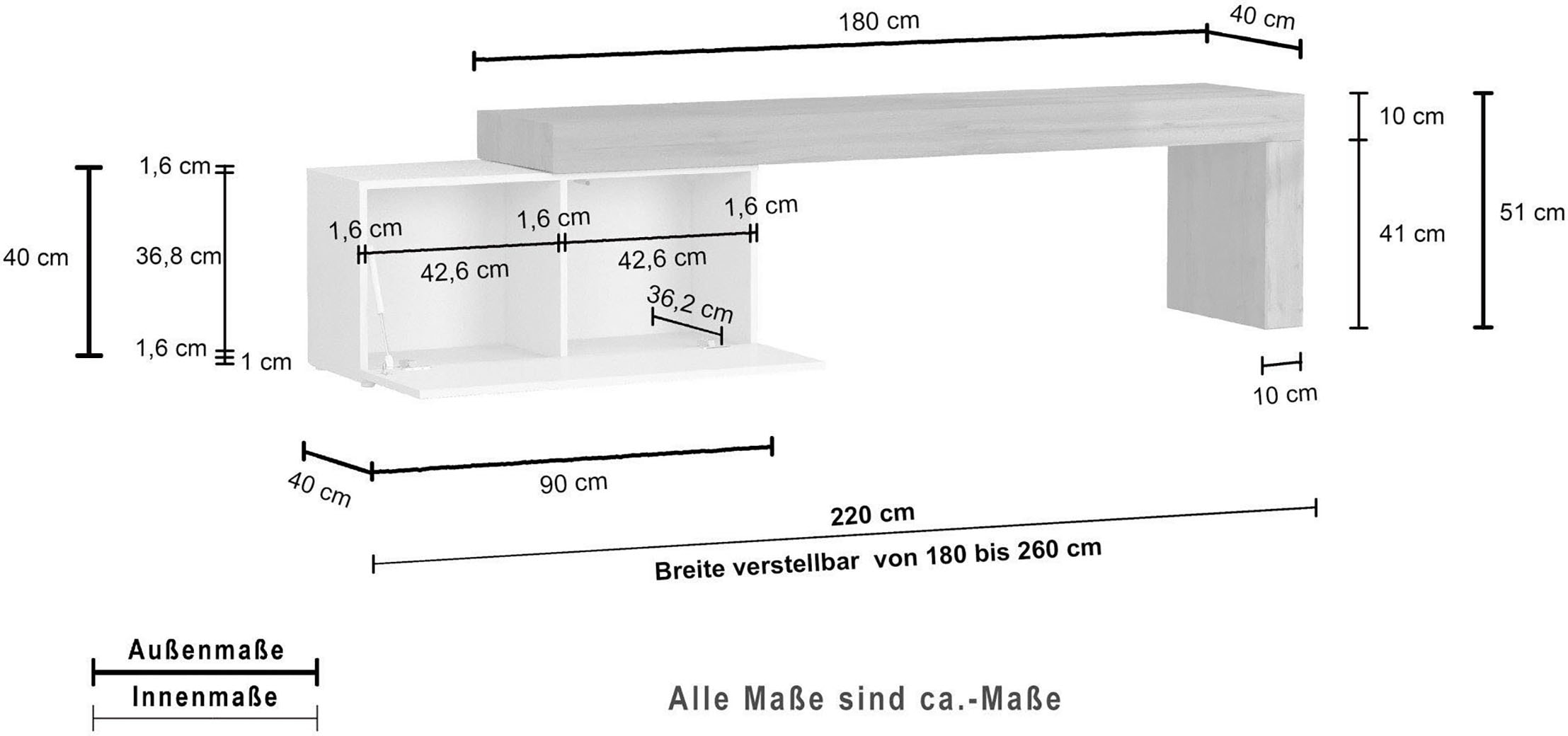 INOSIGN Lowboard »Chronos TV-Board, TV-Schrank«, (1 St., Breite verstellbar von 180 bis 260 cm), Breite 220 cm TV-Board,Lowboard,1 Klappe und ein L-Förmiger Aufsatz
