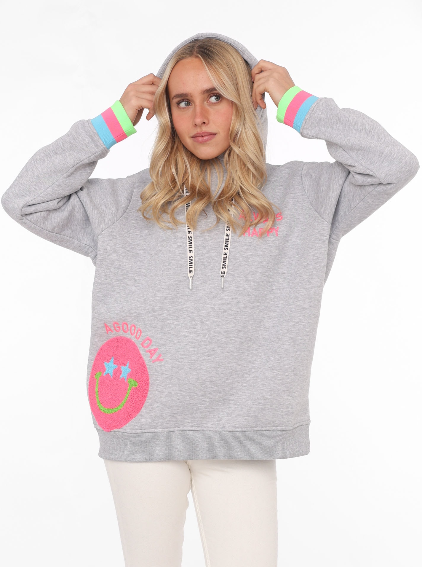 Hoodie »Always Happy«, mit Smiley Aufdruck aus Frottee und Neon Details