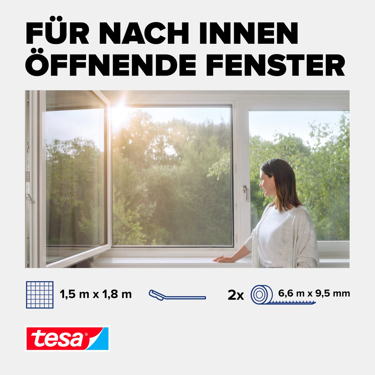 tesa Insektenschutz-Fensterrahmen »Pollenschutzgitter für Fenster - 1,5m x 1,8m«, Pollenschutzgitter - ohne Bohren- zuschneidbar -anthrazit