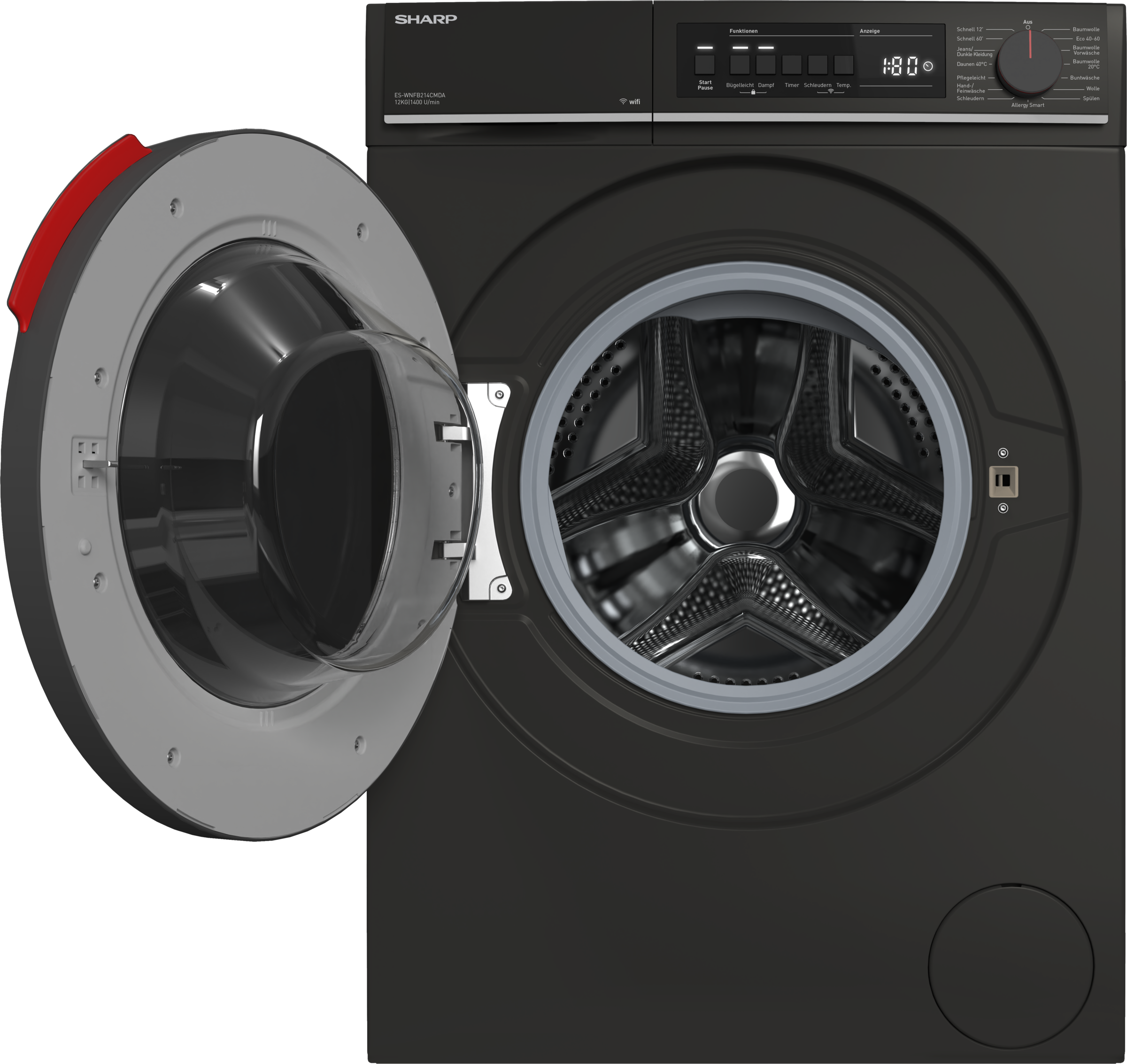 Sharp Waschmaschine Mid Class »ES-WNFB214CMDA-DE«, 12 kg, 1400 U/min, 12kg / +WIFI / A-20% / black Doorring+knob/Steam/
Mat Black