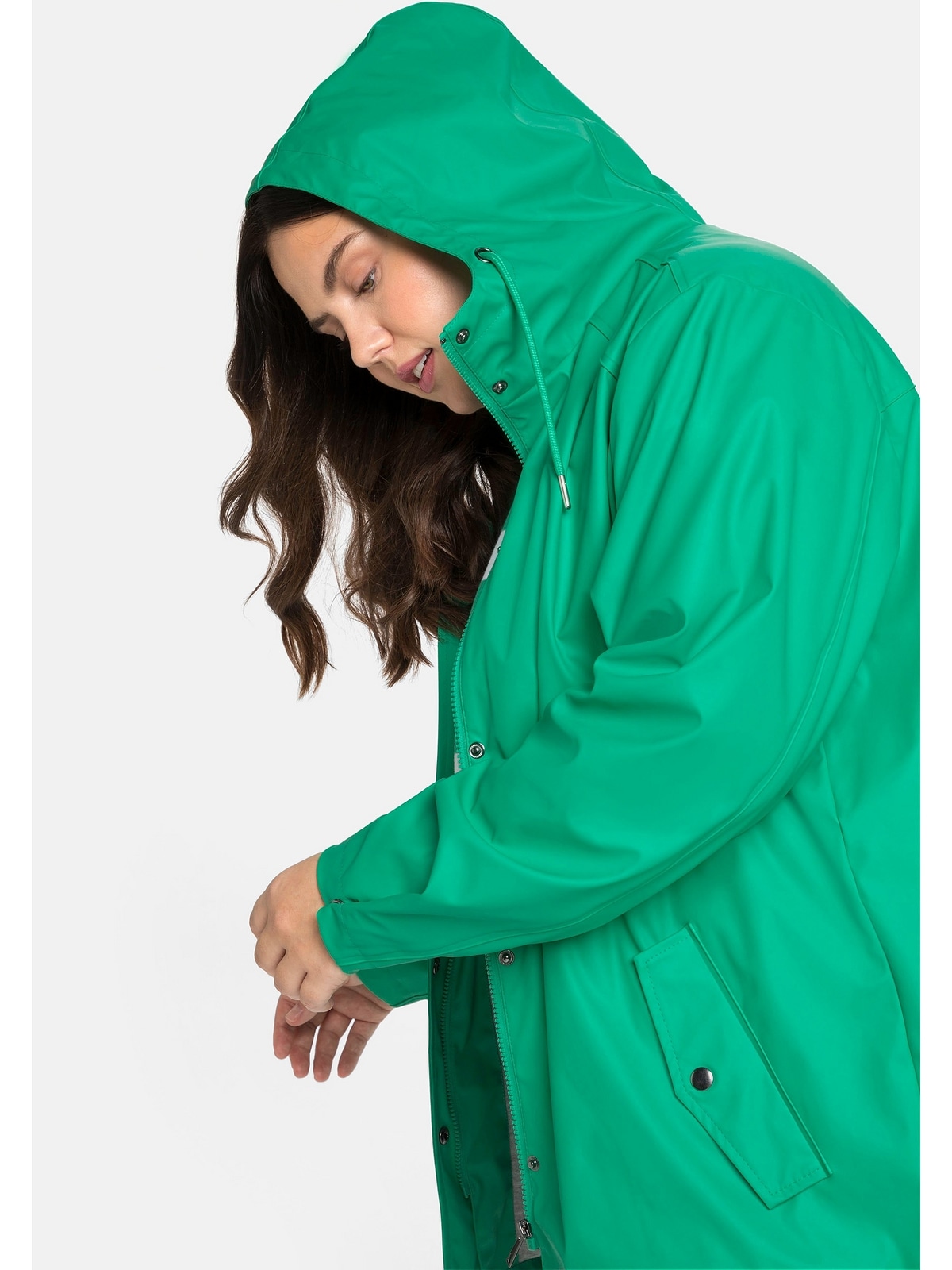 Sheego Regenjacke hinten vorn Jerseyfutter, | mit Kapuze, BAUR kaufen mit Größen«, als länger »Große