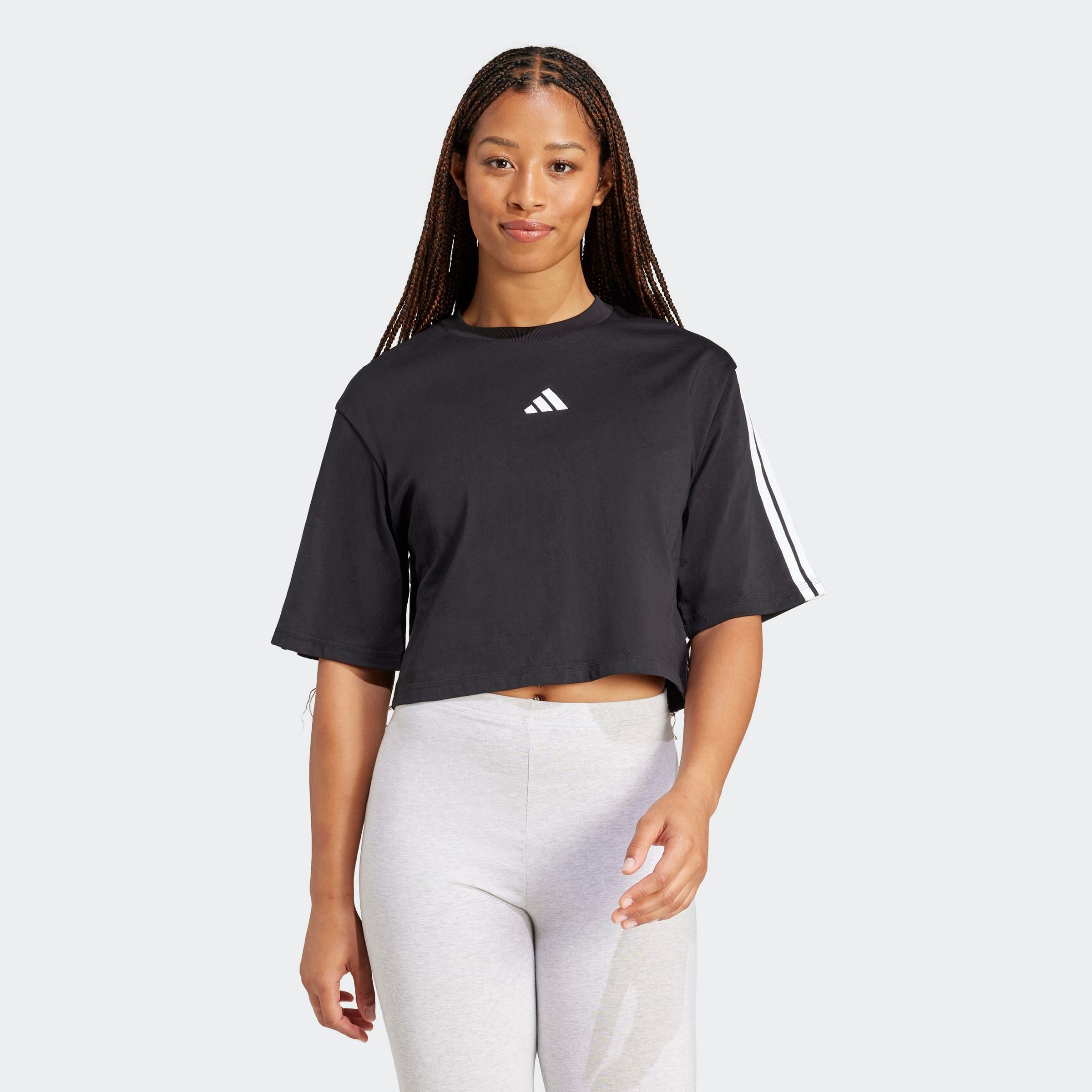 adidas Sportswear 1100000002199 "ESSENTIALS 3-STREIFEN COTTON LOOSE" mit Rundhalsausschnitt, bauchfreie Schnittform, ohne Verschluss